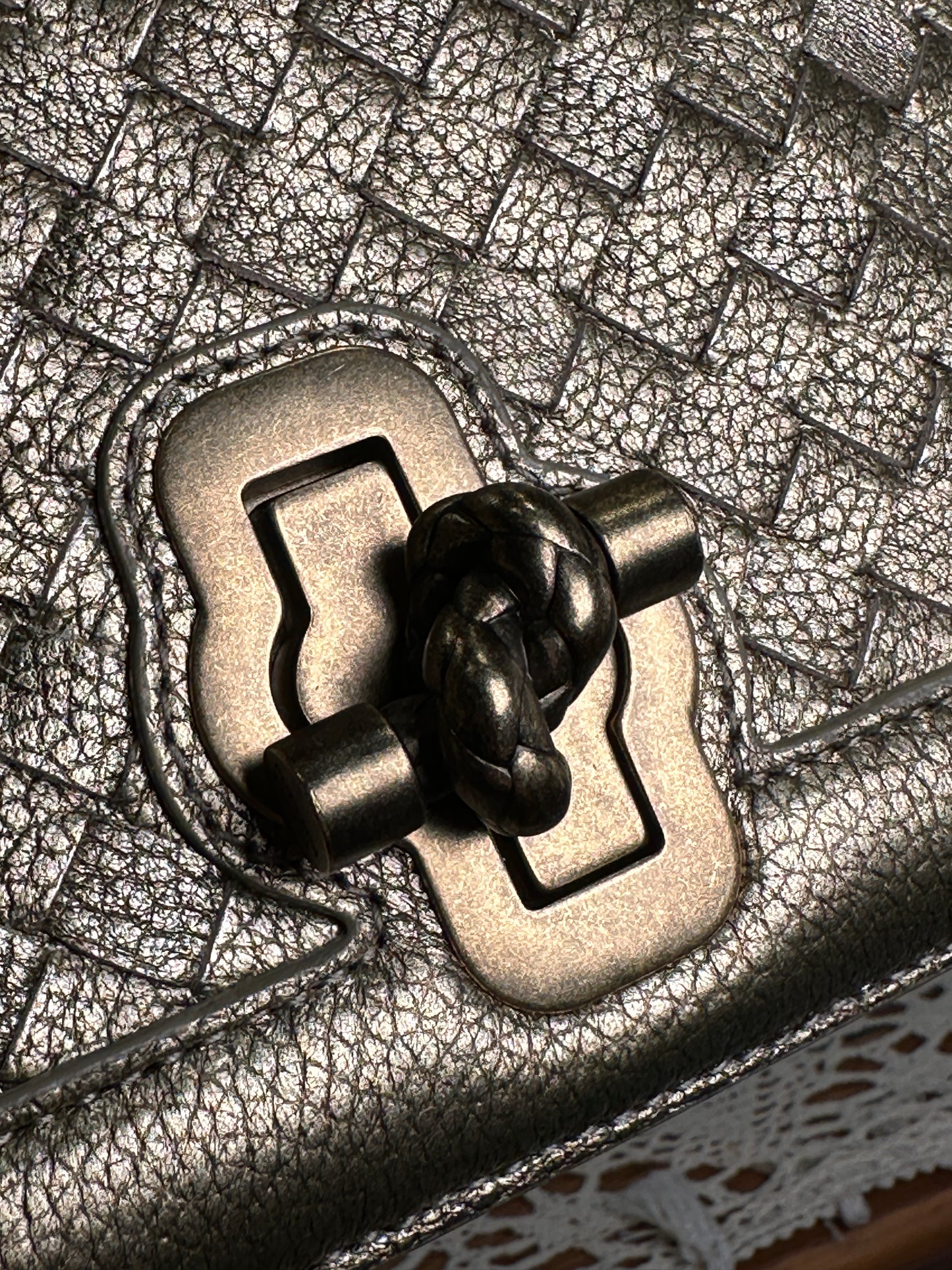 BOTTEGA VENETA 100% Authentic Genuine City Knot Two-way Shoulder Bag, Metallic Khaki, Great Condition