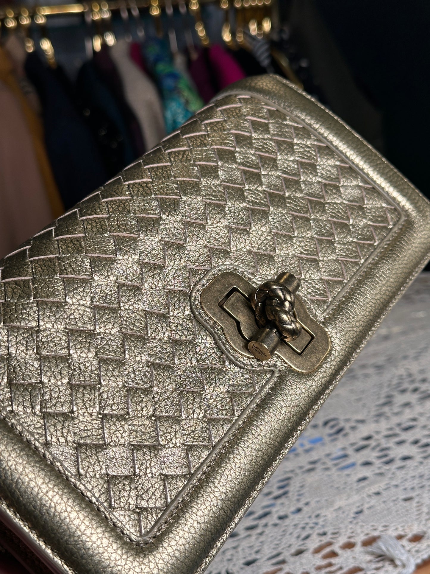 BOTTEGA VENETA 100% Authentic Genuine City Knot Two-way Shoulder Bag, Metallic Khaki, Great Condition
