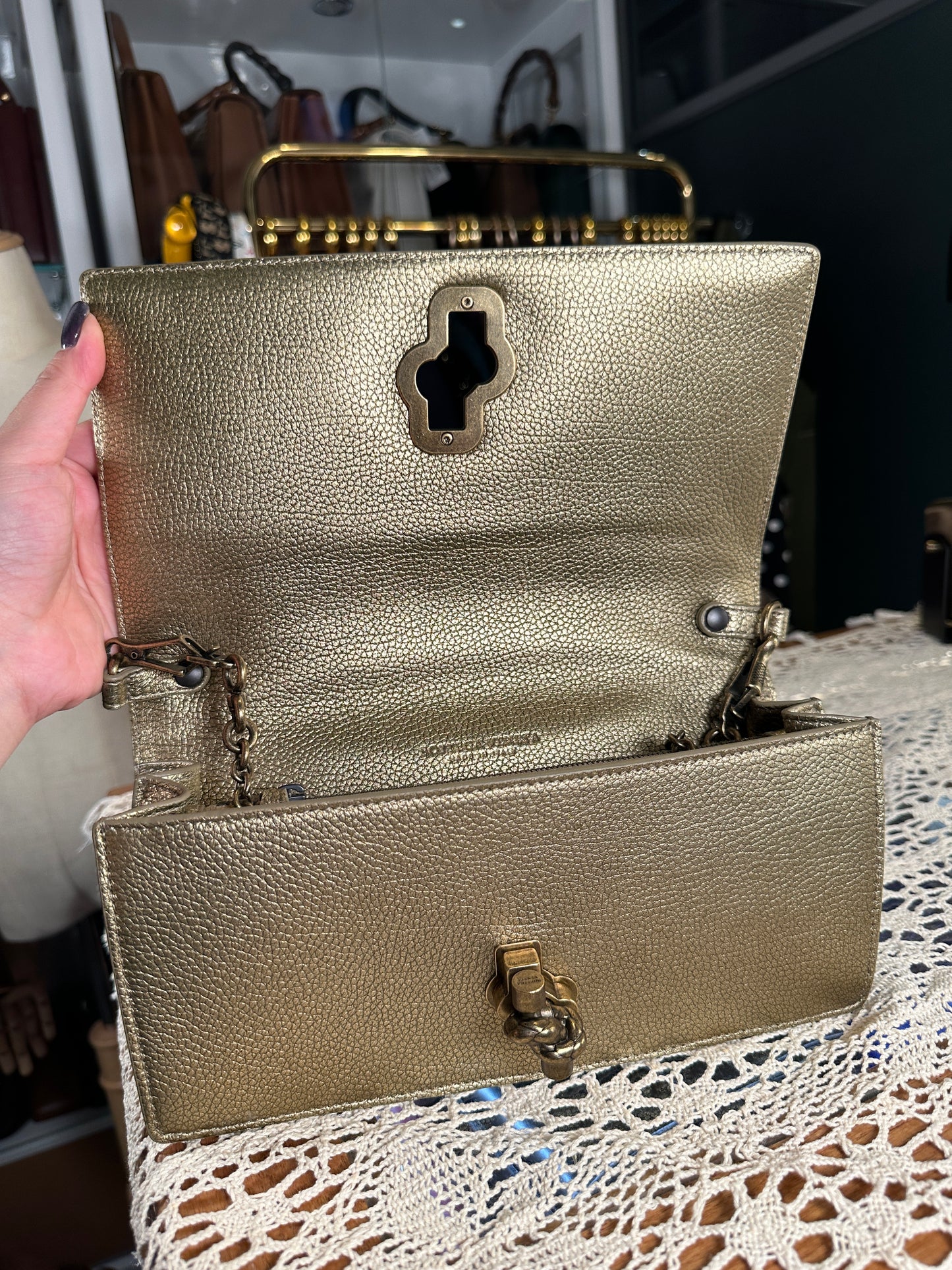 BOTTEGA VENETA 100% Authentic Genuine City Knot Two-way Shoulder Bag, Metallic Khaki, Great Condition