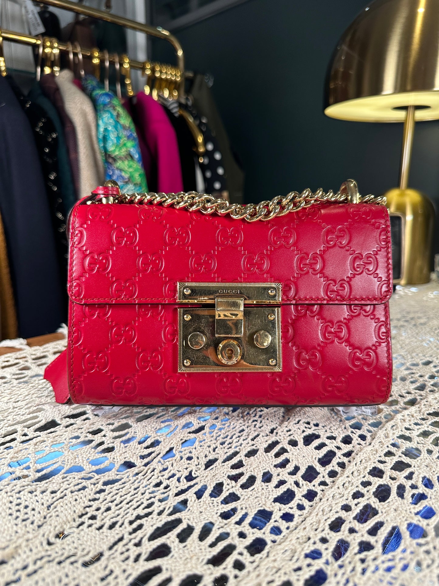 GUCCI 100% Authentic Genuine Guccissima Small GG Logo Monogram Leather Padlock Two-way Shoulder Bag, Red, Great Condition