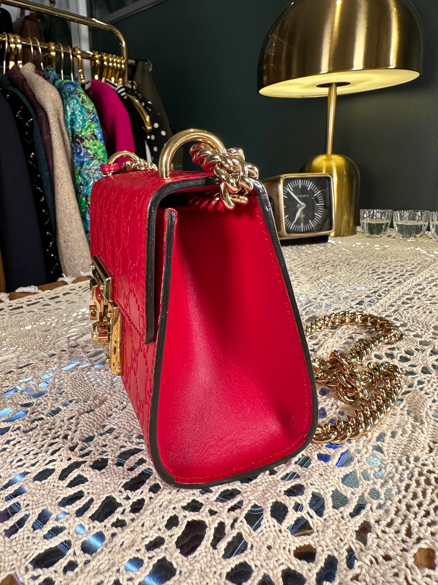 GUCCI 100% Authentic Genuine Guccissima Small GG Logo Monogram Leather Padlock Two-way Shoulder Bag, Red, Great Condition