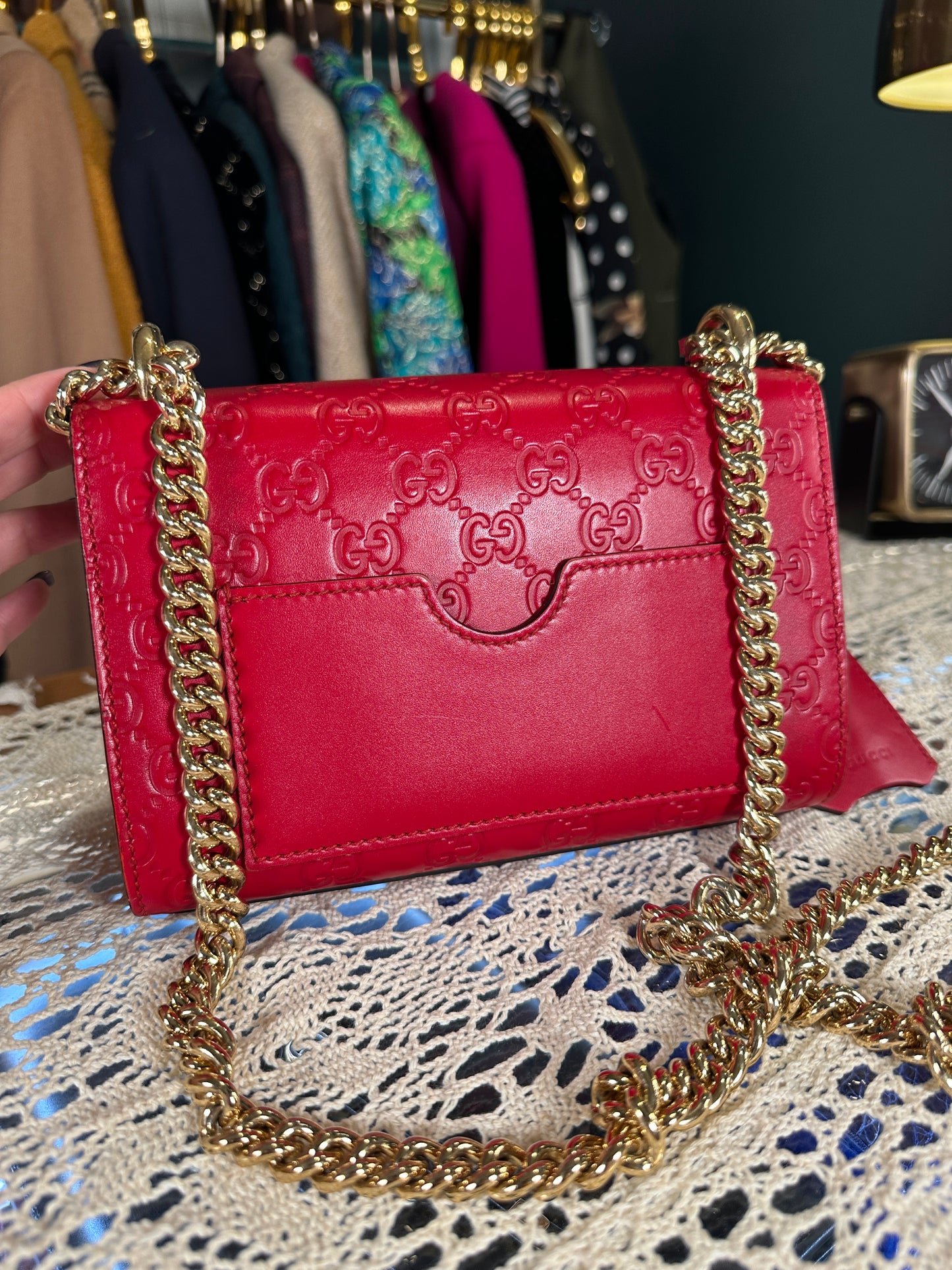 GUCCI 100% Authentic Genuine Guccissima Small GG Logo Monogram Leather Padlock Two-way Shoulder Bag, Red, Great Condition