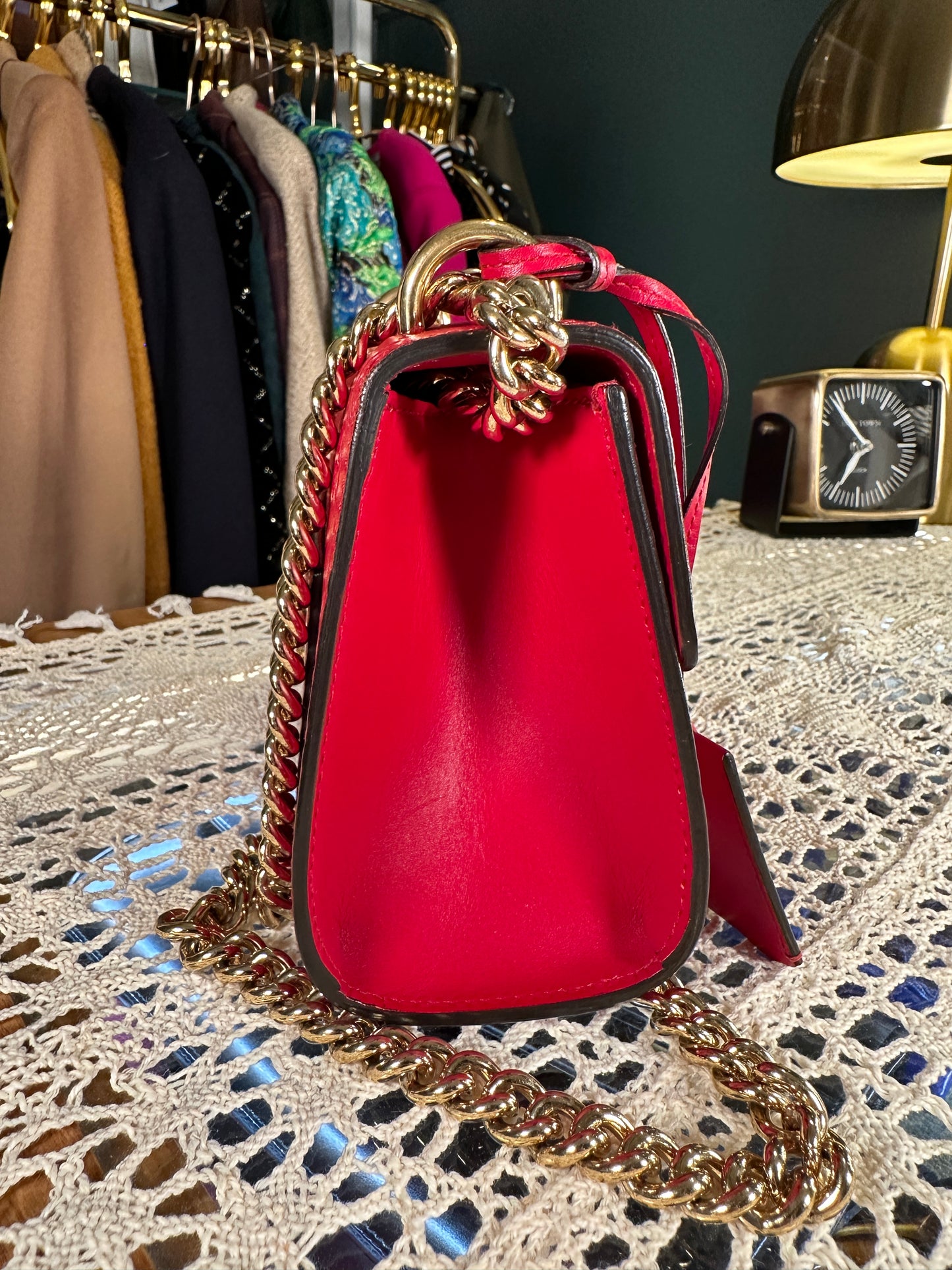 GUCCI 100% Authentic Genuine Guccissima Small GG Logo Monogram Leather Padlock Two-way Shoulder Bag, Red, Great Condition