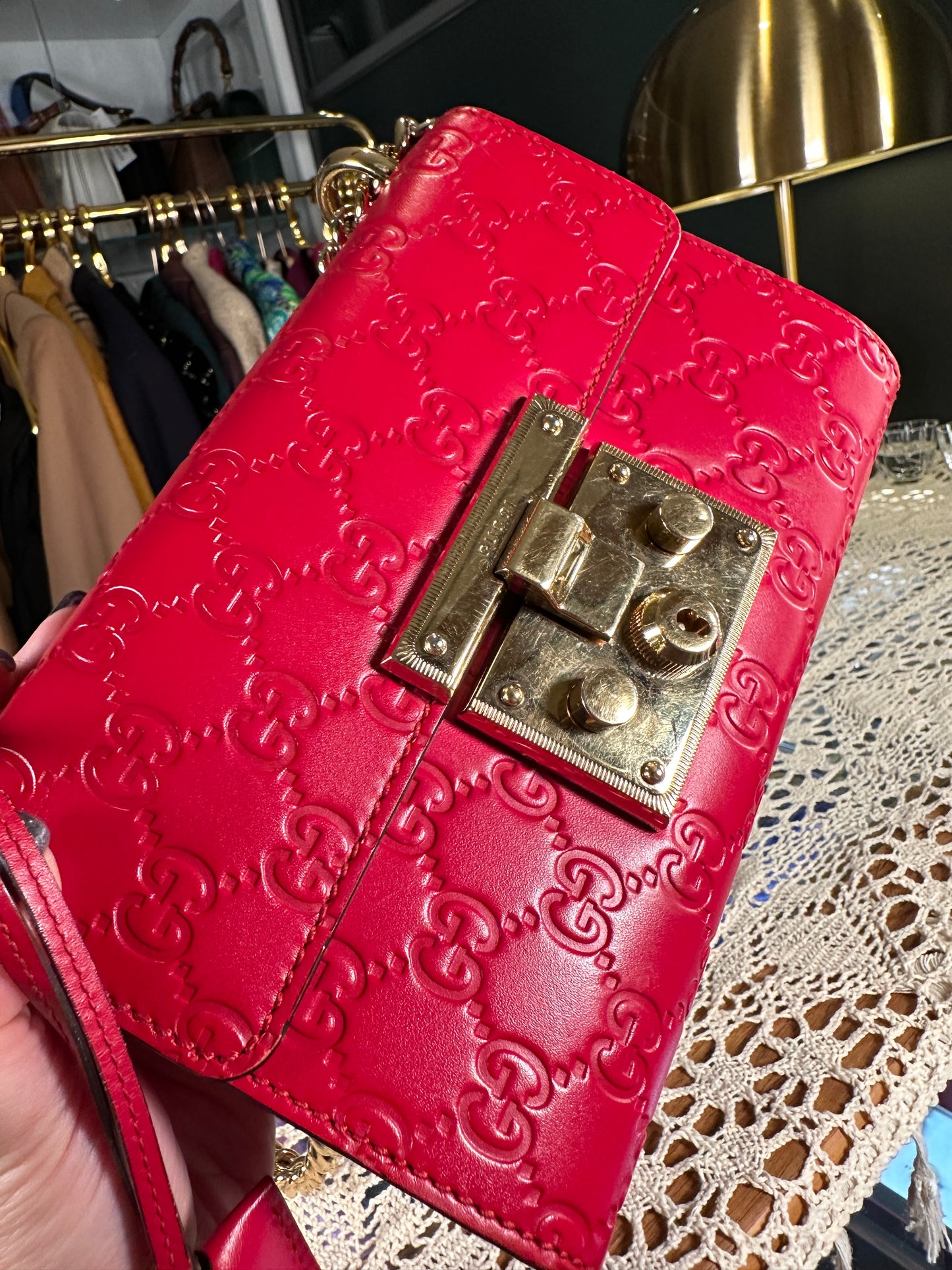 GUCCI 100% Authentic Genuine Guccissima Small GG Logo Monogram Leather Padlock Two-way Shoulder Bag, Red, Great Condition