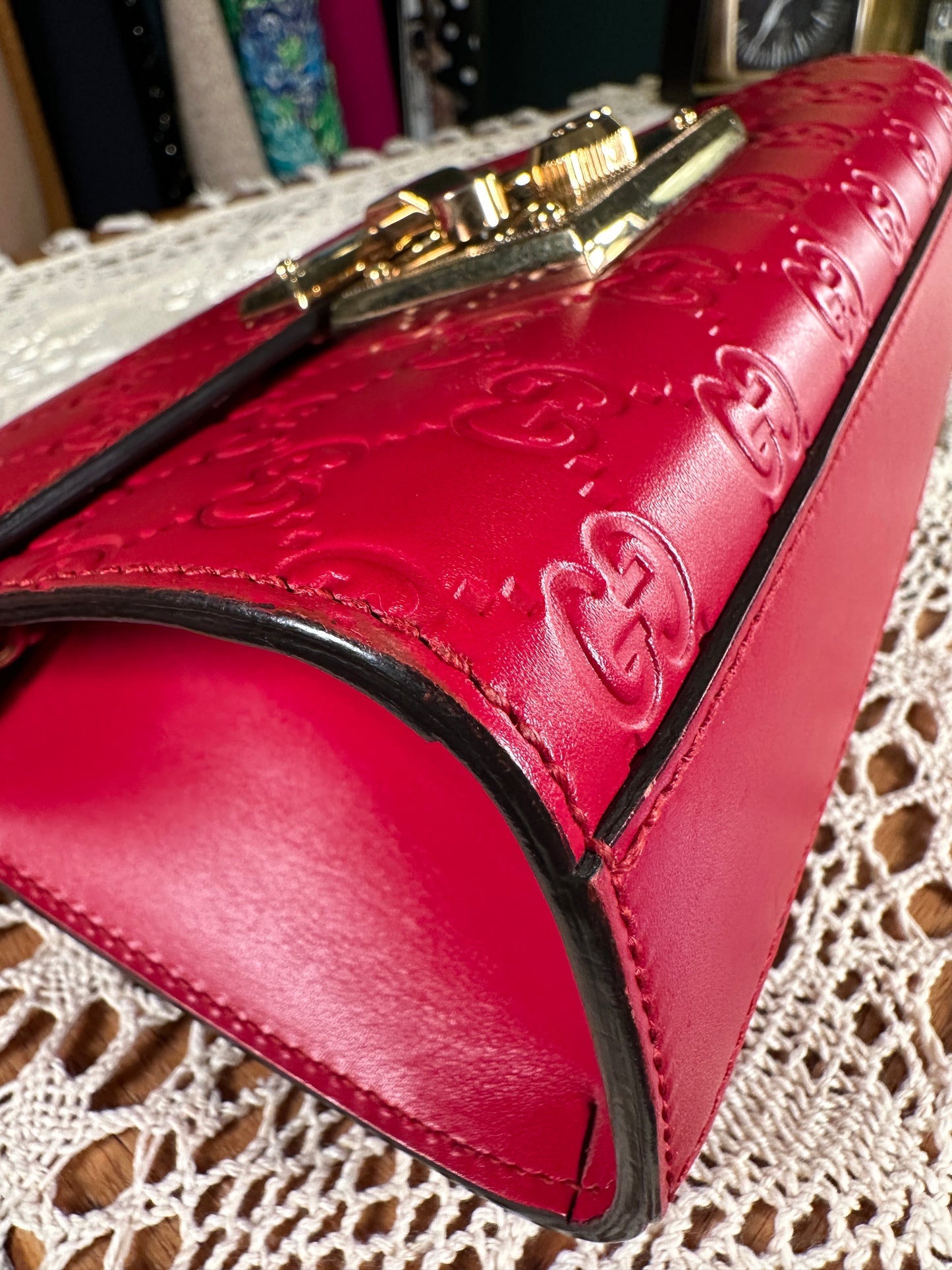 GUCCI 100% Authentic Genuine Guccissima Small GG Logo Monogram Leather Padlock Two-way Shoulder Bag, Red, Great Condition