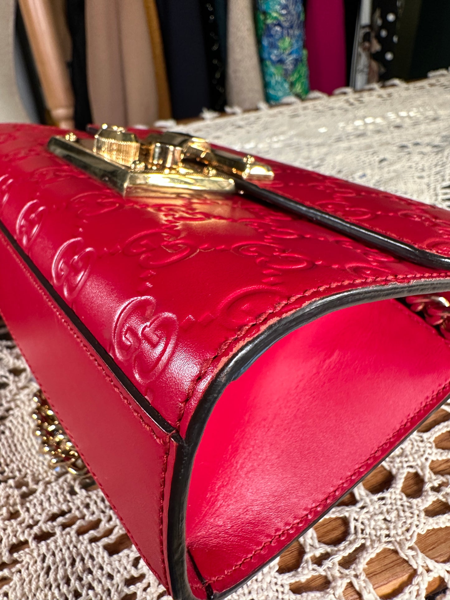 GUCCI 100% Authentic Genuine Guccissima Small GG Logo Monogram Leather Padlock Two-way Shoulder Bag, Red, Great Condition