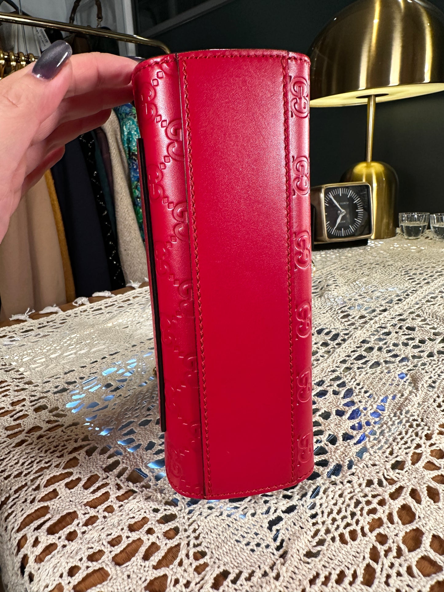 GUCCI 100% Authentic Genuine Guccissima Small GG Logo Monogram Leather Padlock Two-way Shoulder Bag, Red, Great Condition