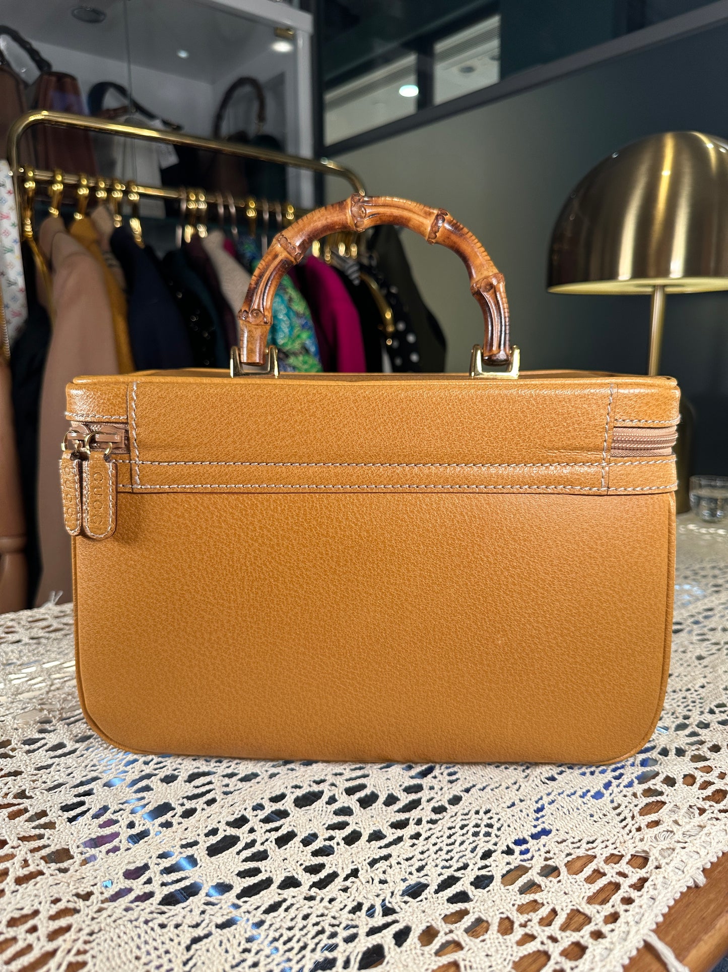 GUCCI VINTAGE 100% Authentic Genuine Leather Bamboo Two-way (Shoulder/Carry) Makeup Vanity Case Bag, Mustard Yellow, 1990's, Great Condition