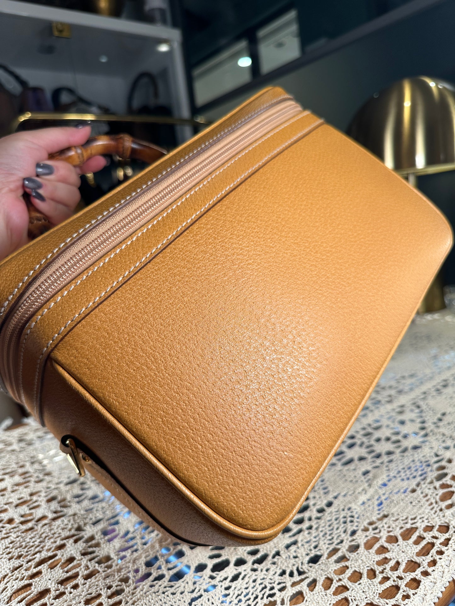 GUCCI VINTAGE 100% Authentic Genuine Leather Bamboo Two-way (Shoulder/Carry) Makeup Vanity Case Bag, Mustard Yellow, 1990's, Great Condition