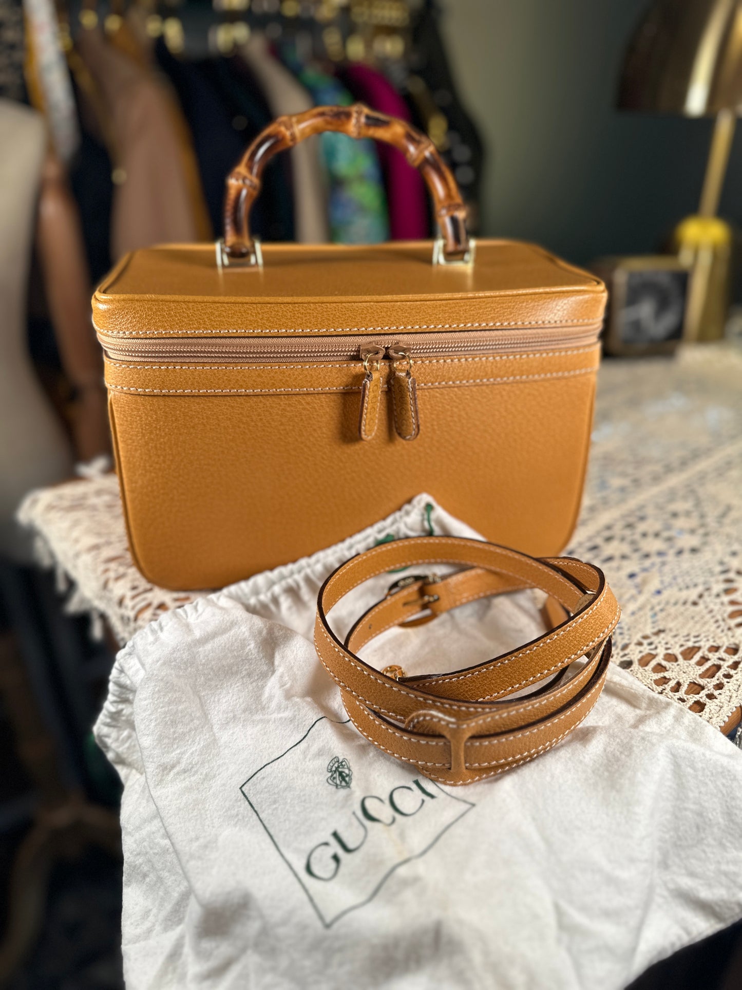 GUCCI VINTAGE 100% Authentic Genuine Leather Bamboo Two-way (Shoulder/Carry) Makeup Vanity Case Bag, Mustard Yellow, 1990's, Great Condition