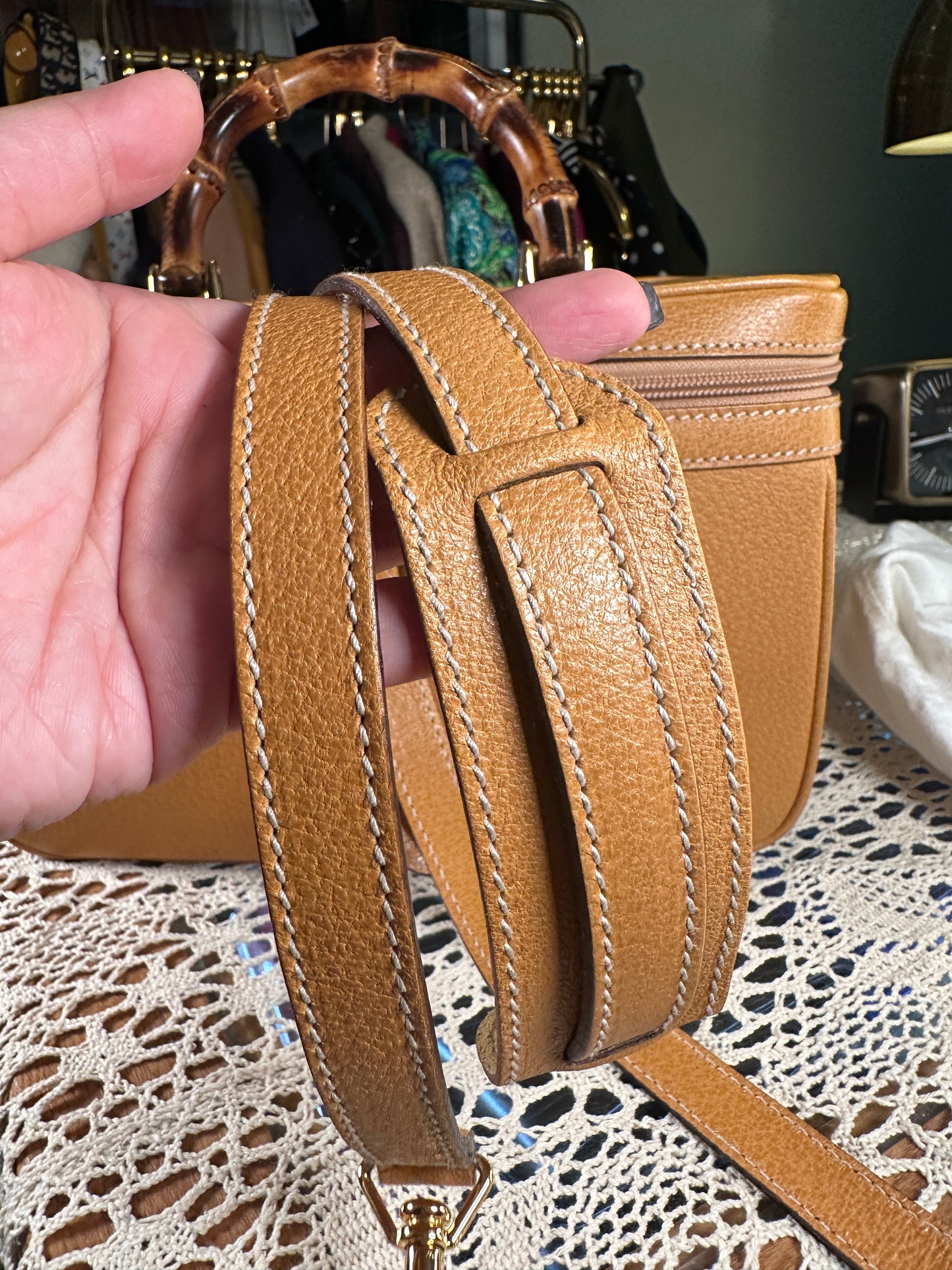 GUCCI VINTAGE 100% Authentic Genuine Leather Bamboo Two-way (Shoulder/Carry) Makeup Vanity Case Bag, Mustard Yellow, 1990's, Great Condition