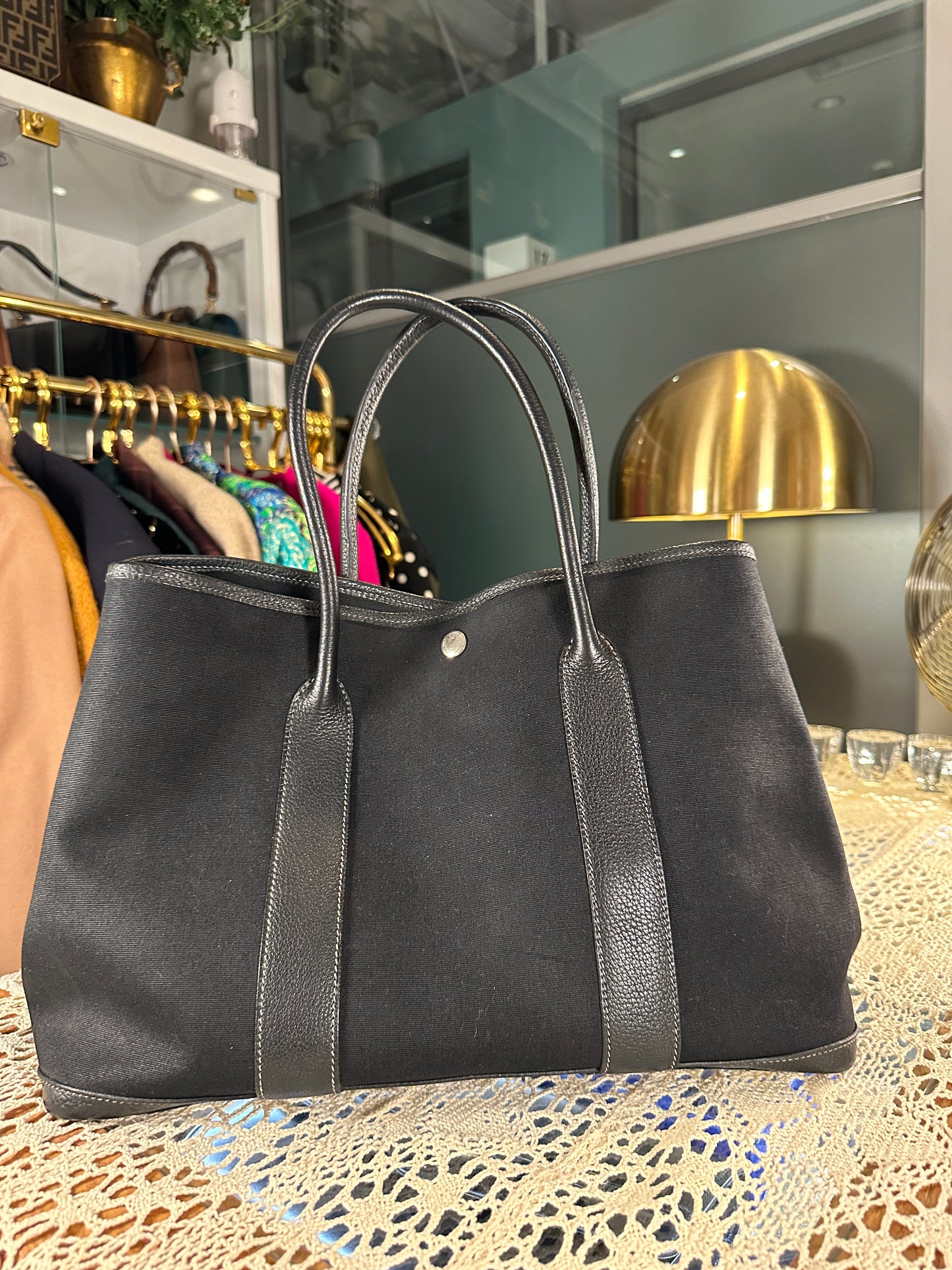 HERMES VINTAGE 100% Authentic Genuine Canvas Garden Party 36 Handbag, Black Canvas with Black Leather, Good Condition
