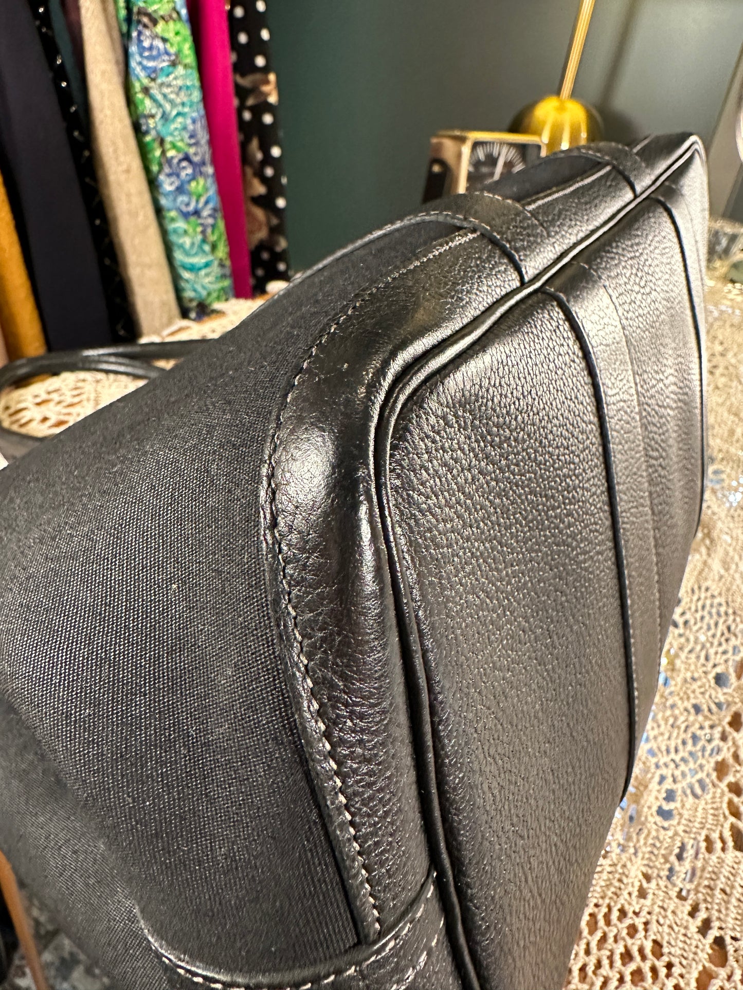 HERMES VINTAGE 100% Authentic Genuine Canvas Garden Party 36 Handbag, Black Canvas with Black Leather, Good Condition