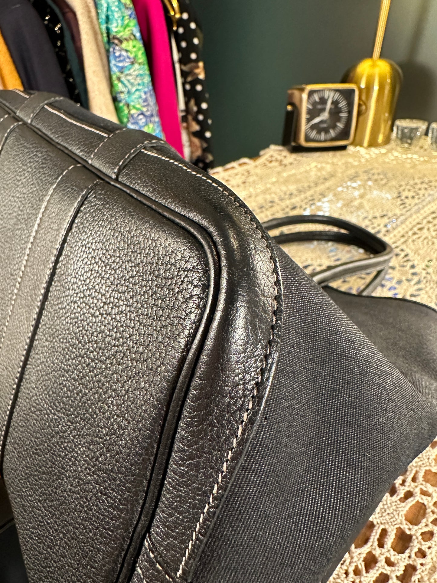 HERMES VINTAGE 100% Authentic Genuine Canvas Garden Party 36 Handbag, Black Canvas with Black Leather, Good Condition
