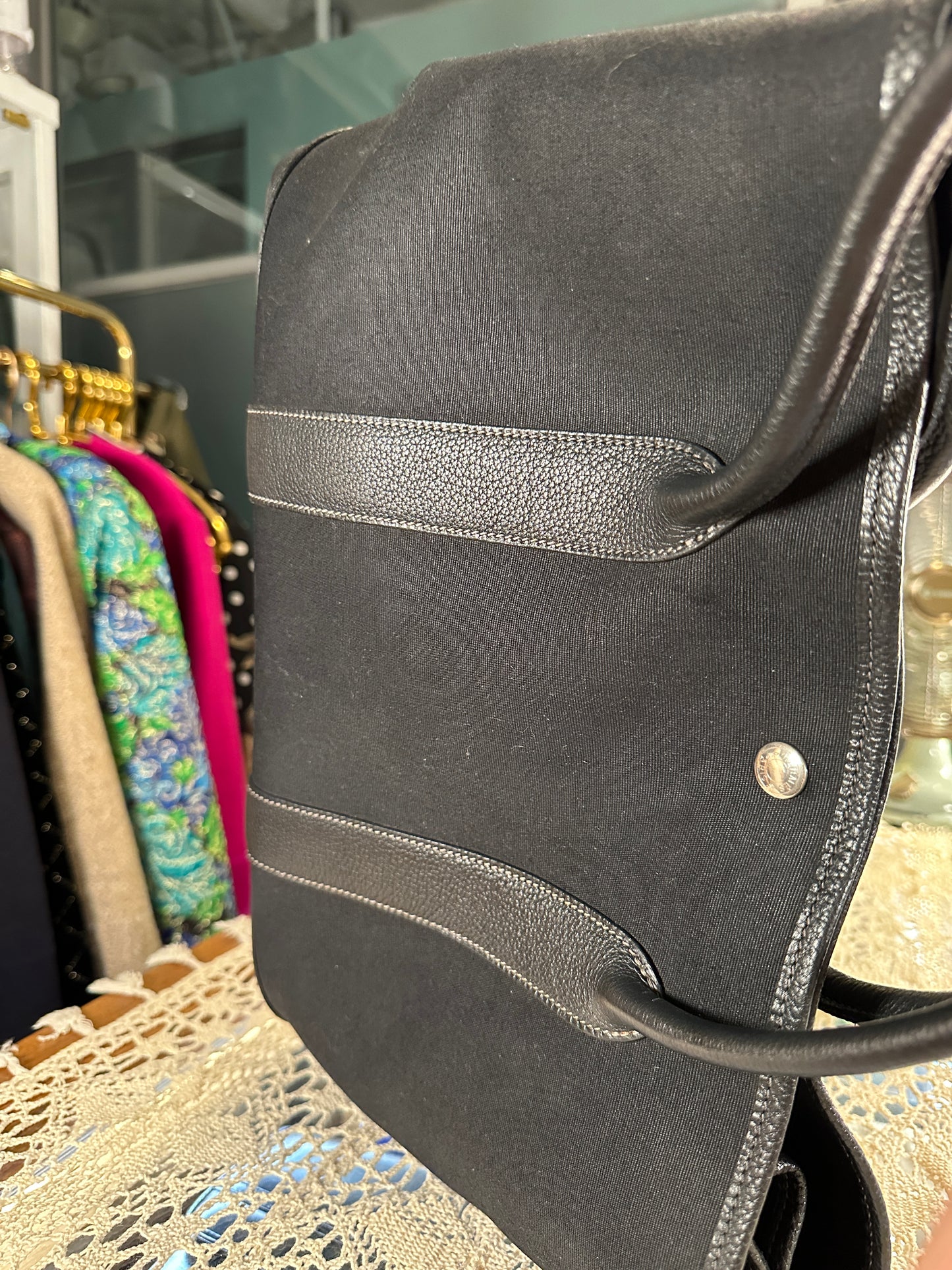 HERMES VINTAGE 100% Authentic Genuine Canvas Garden Party 36 Handbag, Black Canvas with Black Leather, Good Condition