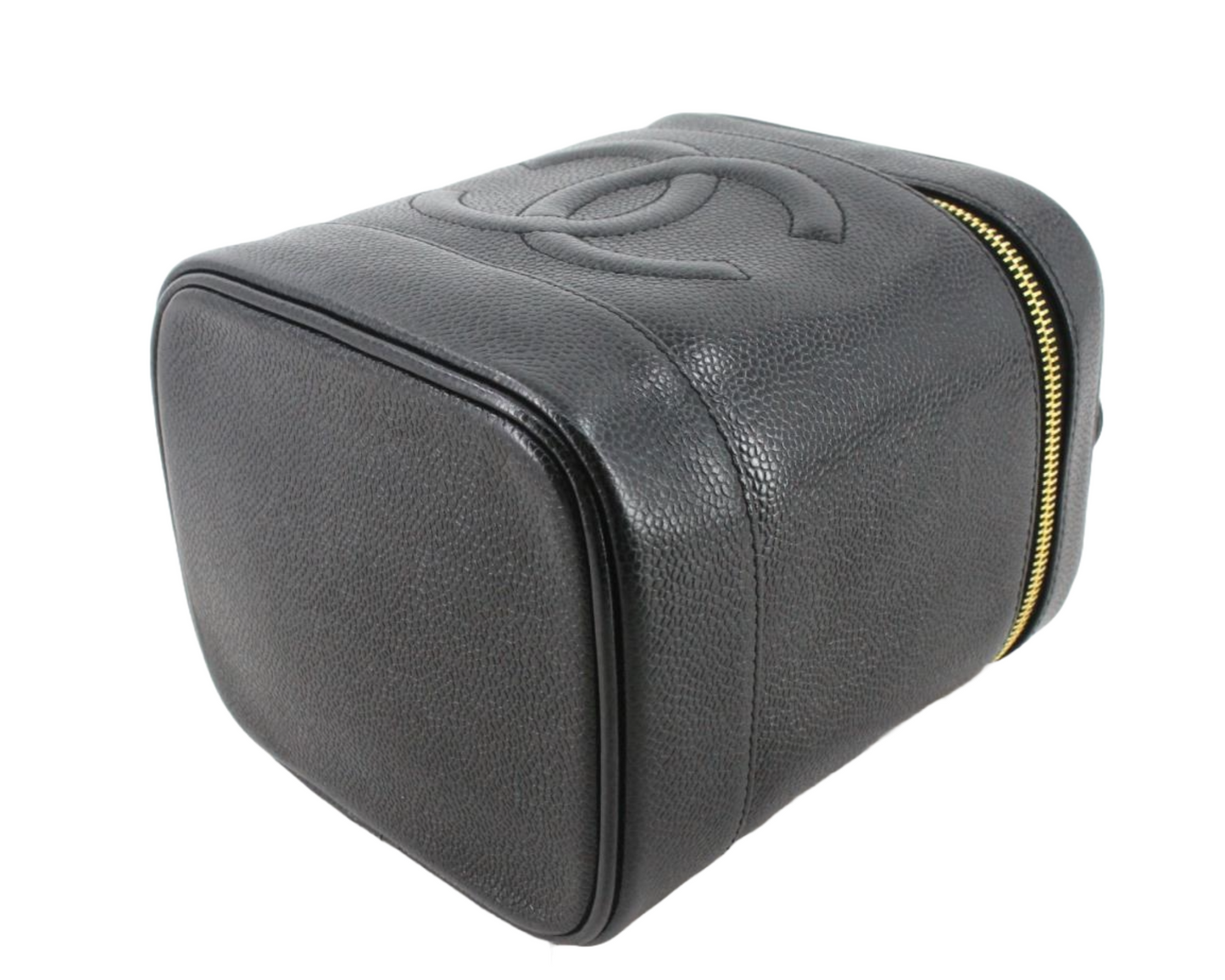 CHANEL VINTAGE 100% Authentic Genuine Leather Makeup Vanity Case Bag, Series 7, Black, 2002-2003, Good Condition