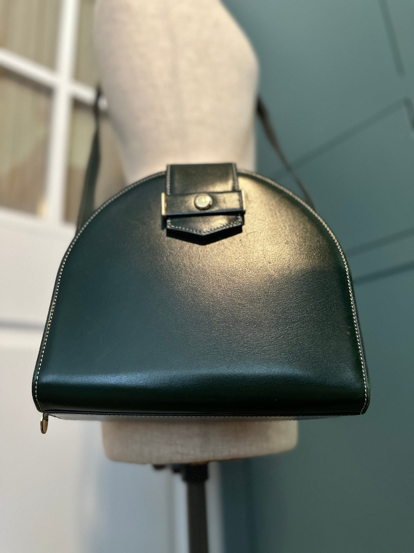 DIOR VINTAGE 100% Authentic Genuine Leather Cross-body Bag, Dark Moss Green, 1980's, Good Condition