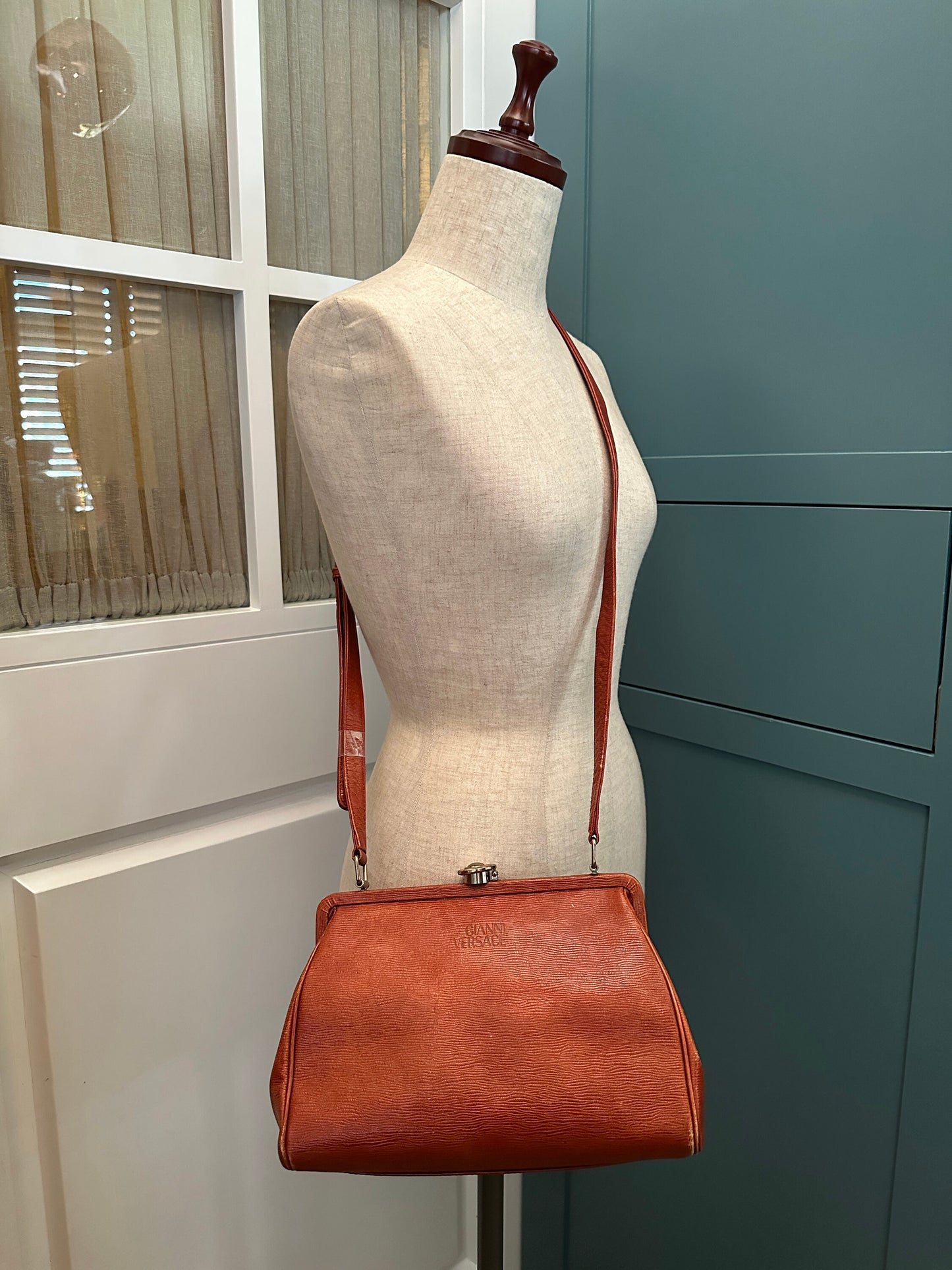 VERSACE VINTAGE, 100% Authentic Genuine Leather Cross-body Doctor Bag, Orange Brown, 1980's, Good Condition