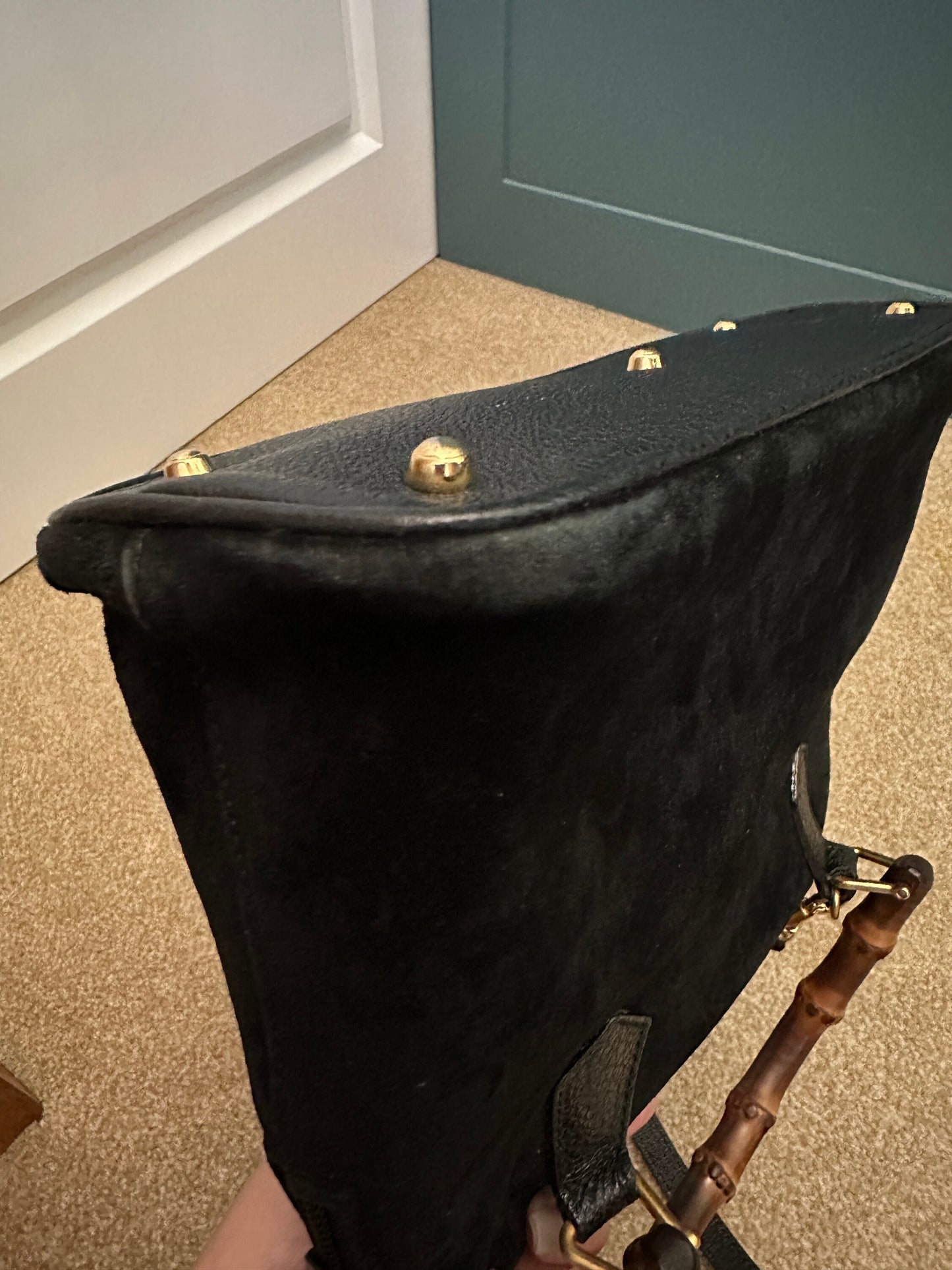 GUCCI VINTAGE 100% Authentic Genuine Large Suede Iconic Bamboo Handle Two-way Shoulder Bag, Black, 1990's, Great Condition, Rare
