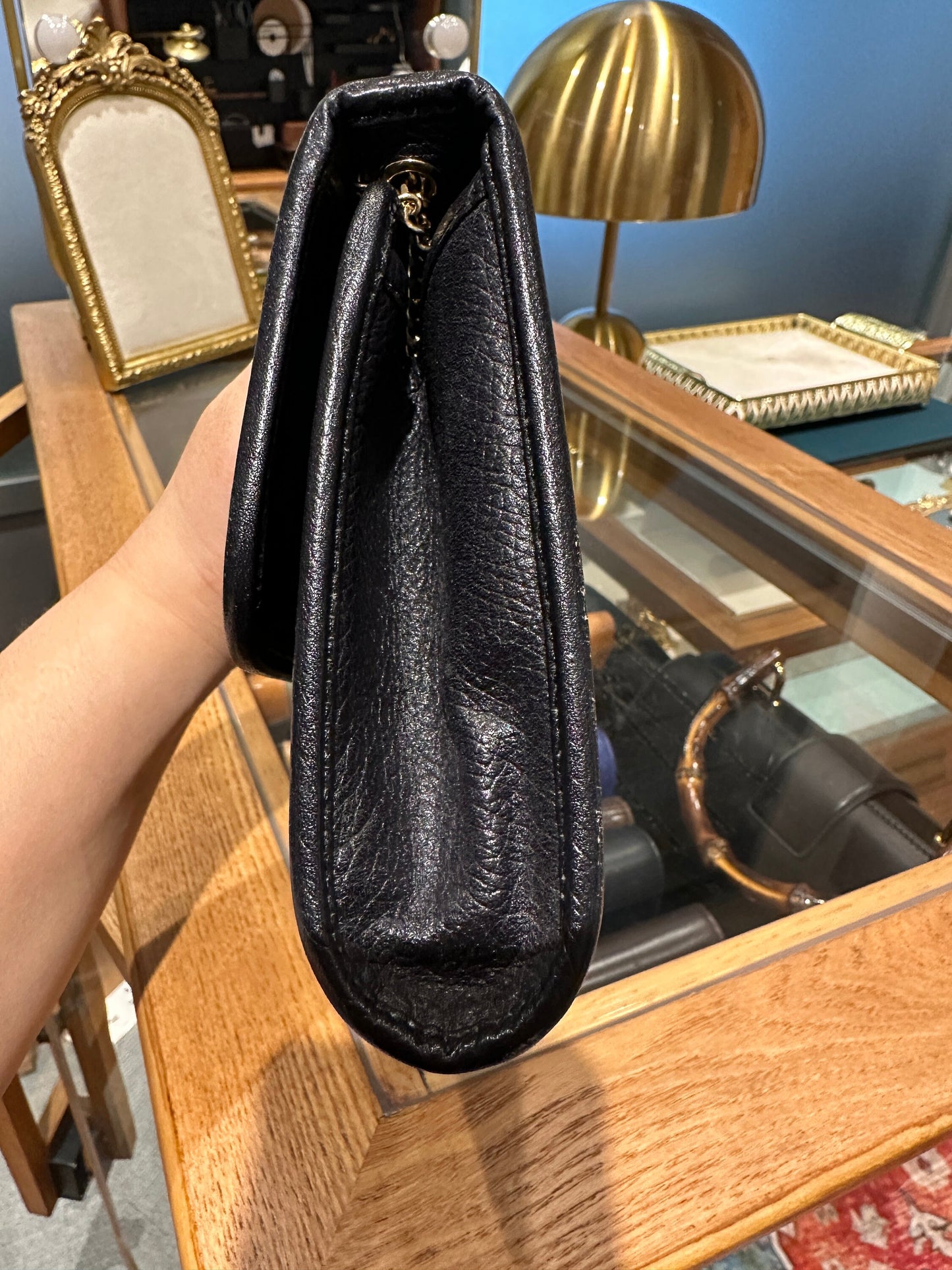 Christian DIOR VINTAGE 100% Authentic Genuine, Leather Two Way Golden Chain Hand Bag / Clutch, Black Leather, 1980's, Grade AB