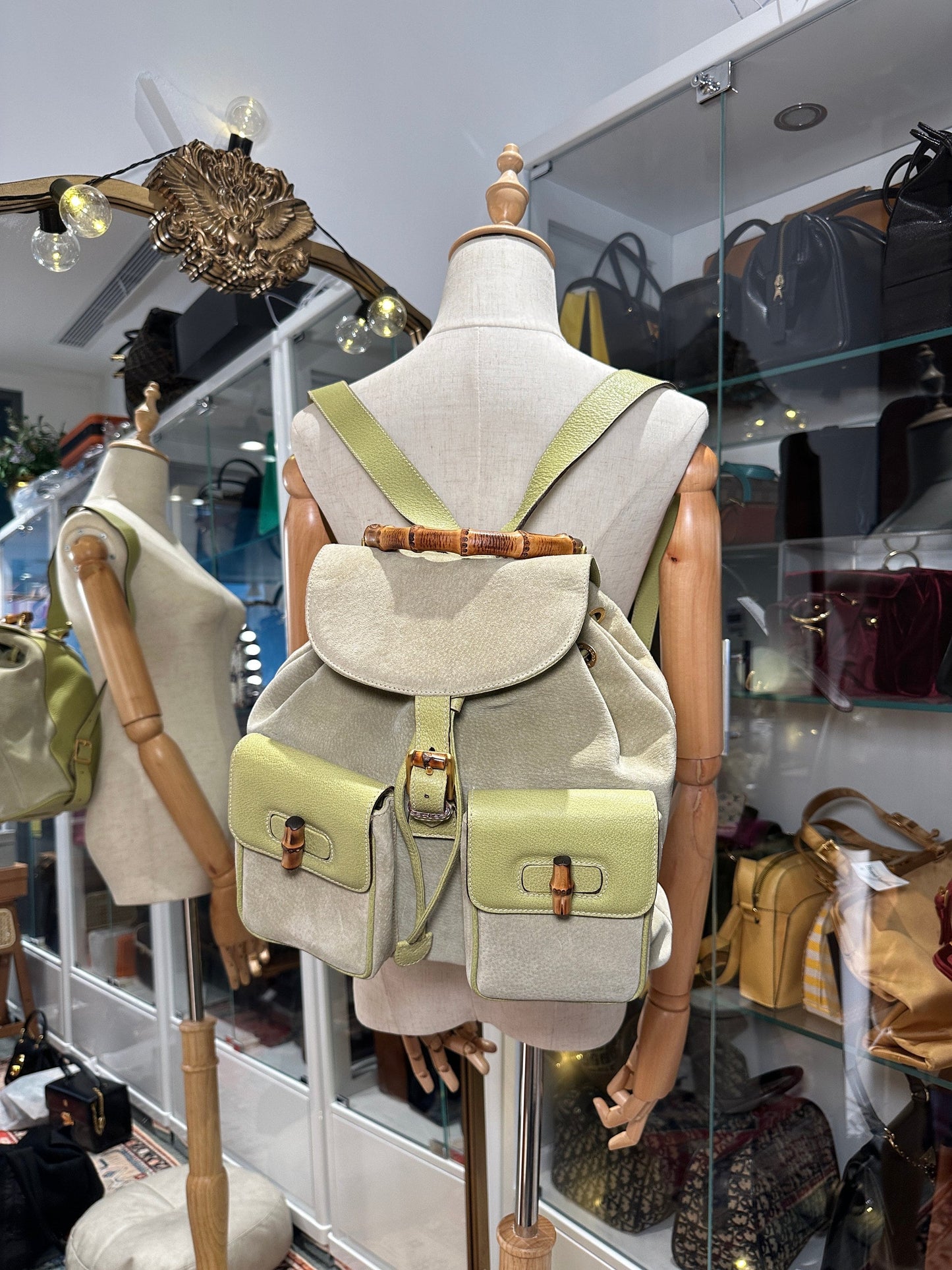 GUCCI VINTAGE 100% Authentic Genuine Suede Iconic Bamboo Handle Backpack, Light Sage Green, 2000's, Good Condition