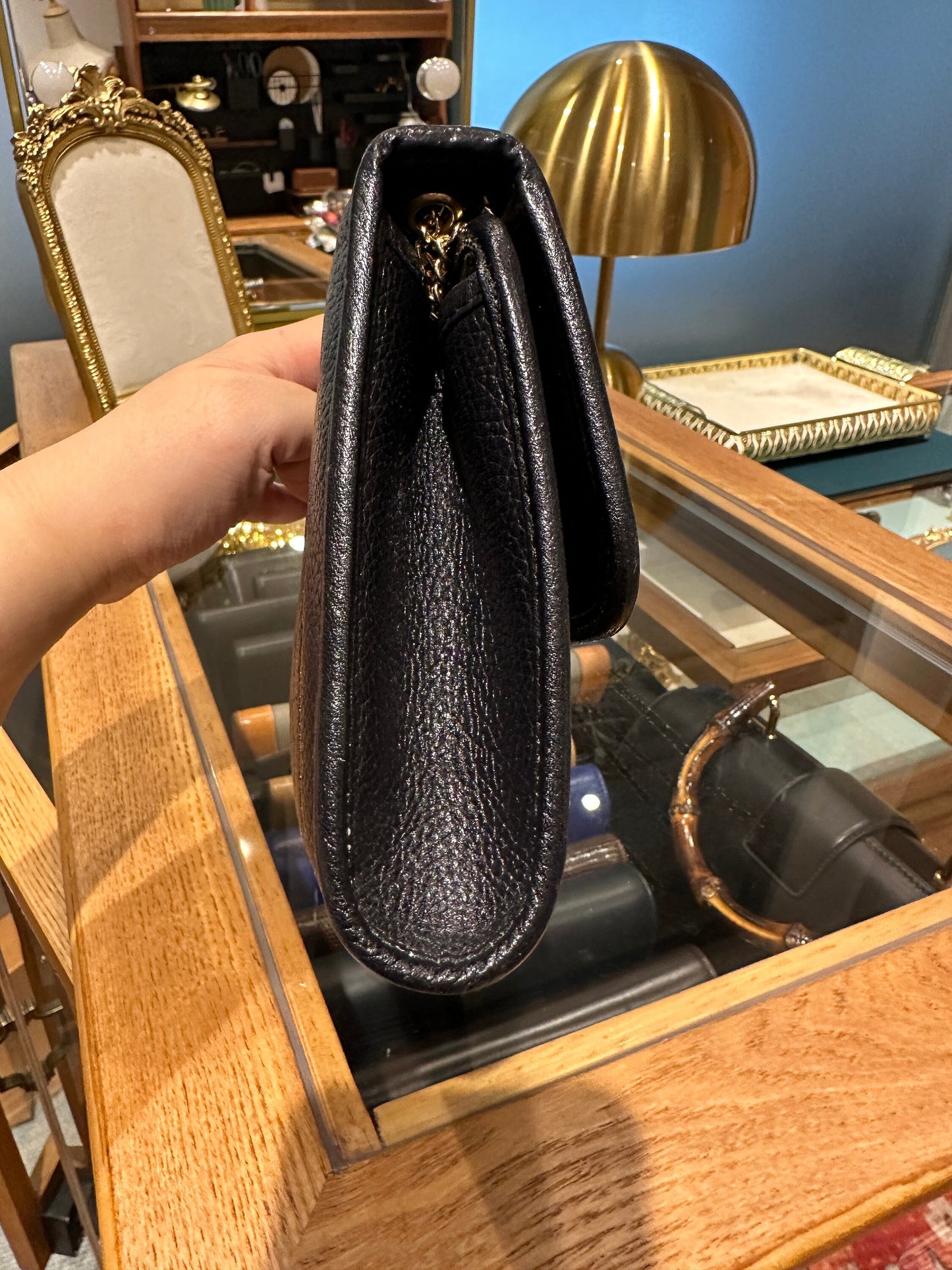 Christian DIOR VINTAGE 100% Authentic Genuine, Leather Two Way Golden Chain Hand Bag / Clutch, Black Leather, 1980's, Grade AB