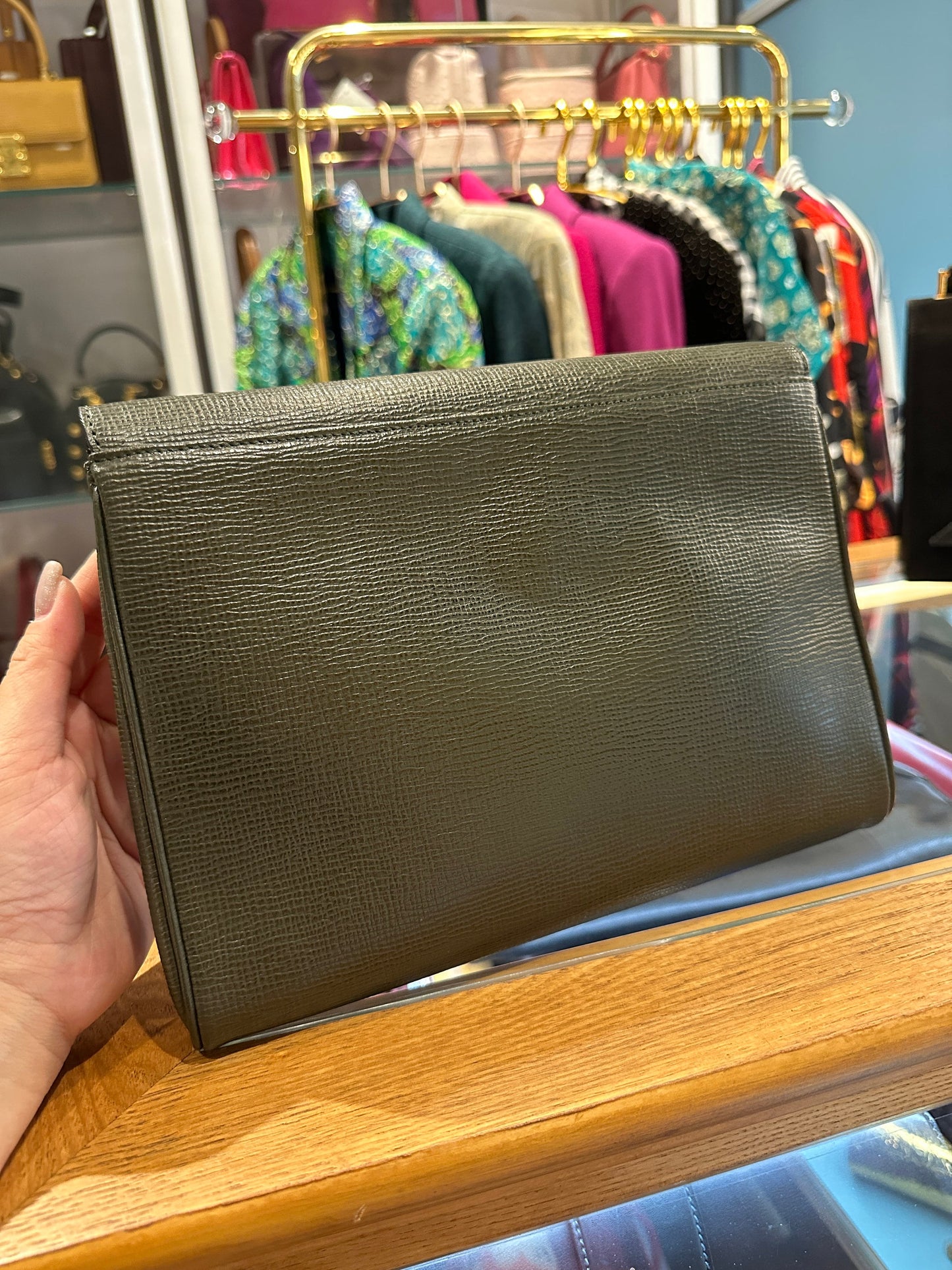 CELINE VINTAGE 100% Authentic Genuine, Leather Clutch Two Way Cross Body Bag, Deep Sage Green, 1990's, Great Condition, Grade AB