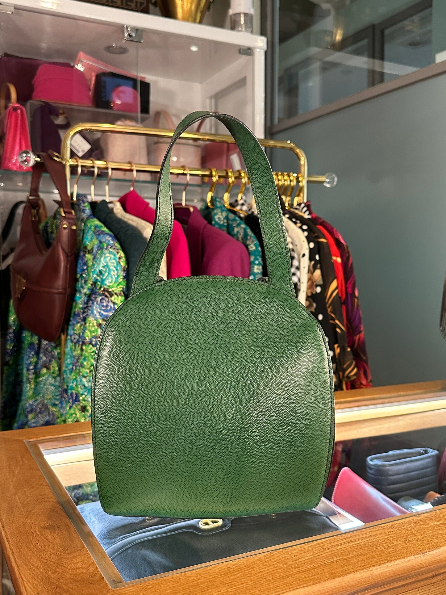 CELINE VINTAGE 100% Authentic Genuine, Leather Double Strap Shoulder Bag, Green, late 90's, Great Condition