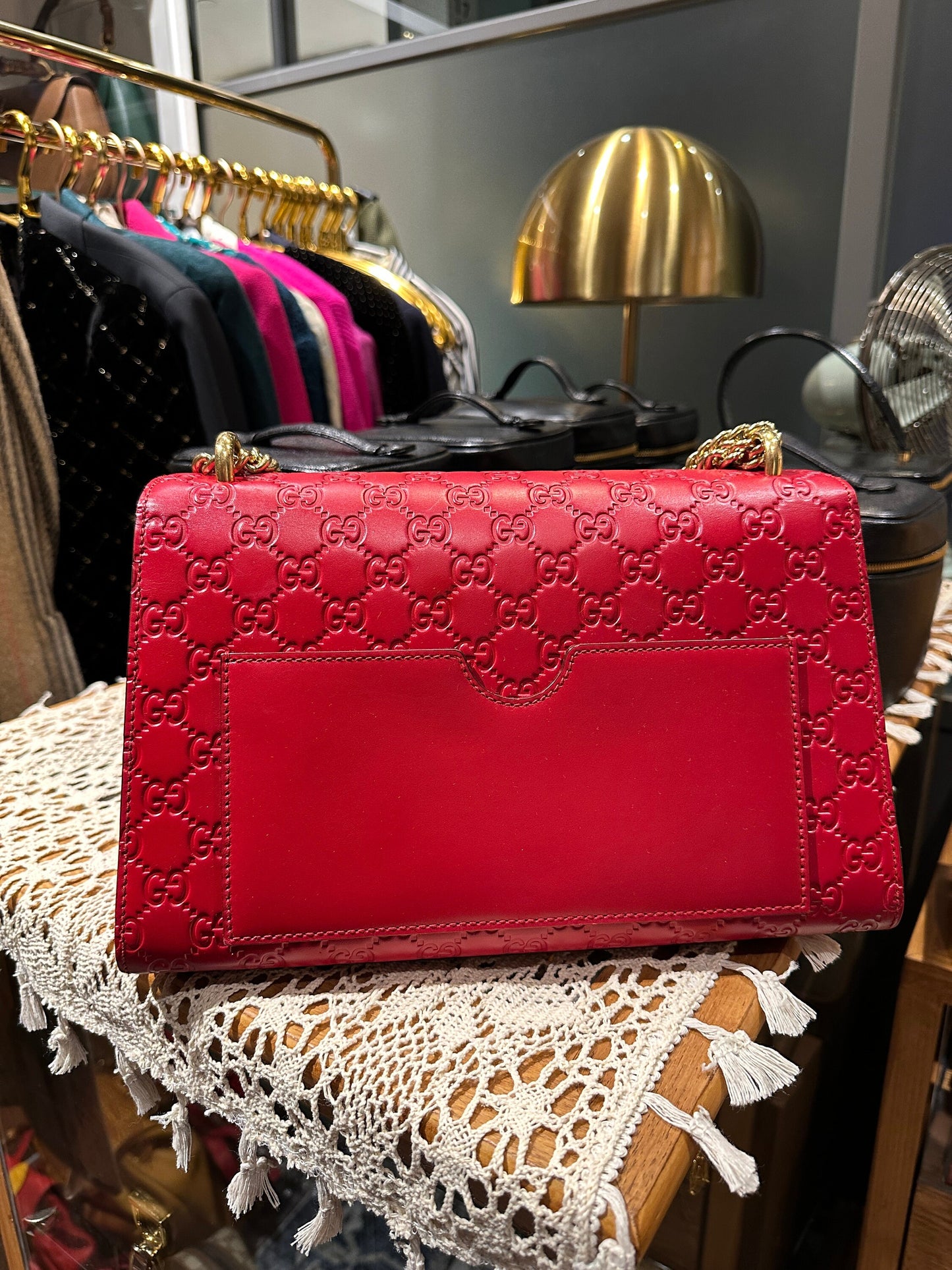 GUCCI VINTAGE 100% Authentic Genuine GG Logo Monogram Leather Lady Lock Two-way Shoulder Bag, Red, Great Condition