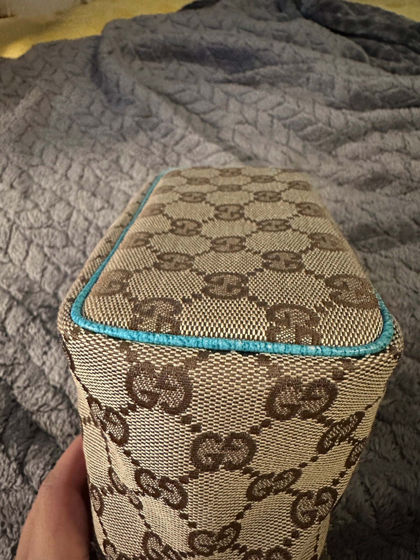 GUCCI VINTAGE 100% Genuine Canvas Monogram Box Shape Vanity Hand Bag, Light Teal, late 90's, Great Condition, Grade B