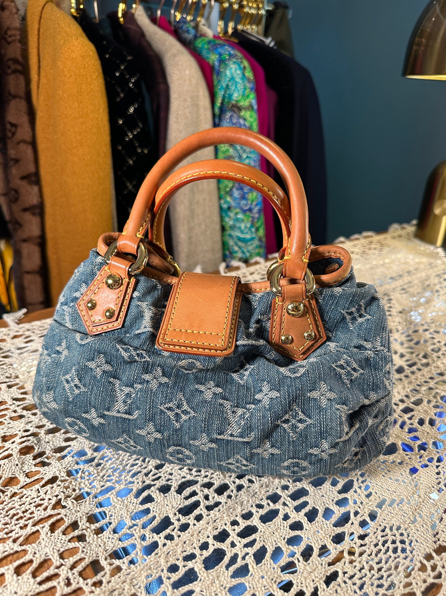 LOUIS VUITTON VINTAGE 100% Authentic Genuine, Double Handle Monogram Denim Handbag, Black Suede, 1990's, Great Condition