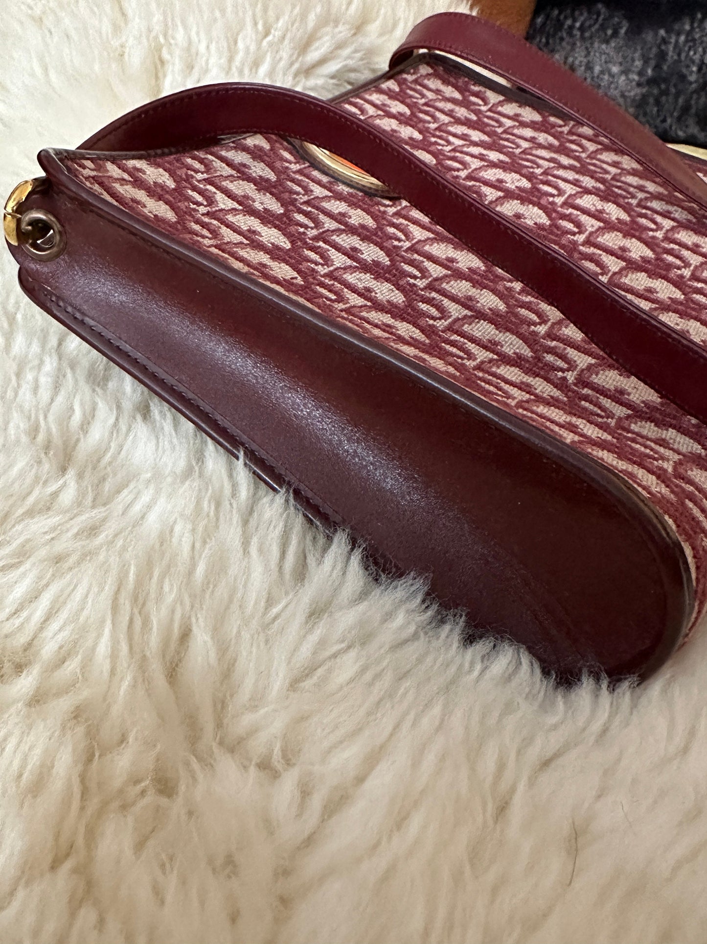 CHRISTIAN DIOR VINTAGE 100% Authentic Genuine Monogram Canvas and Leather Crossbody Bag, Wine Maroon Color, 1990's, Great Condition, Rare
