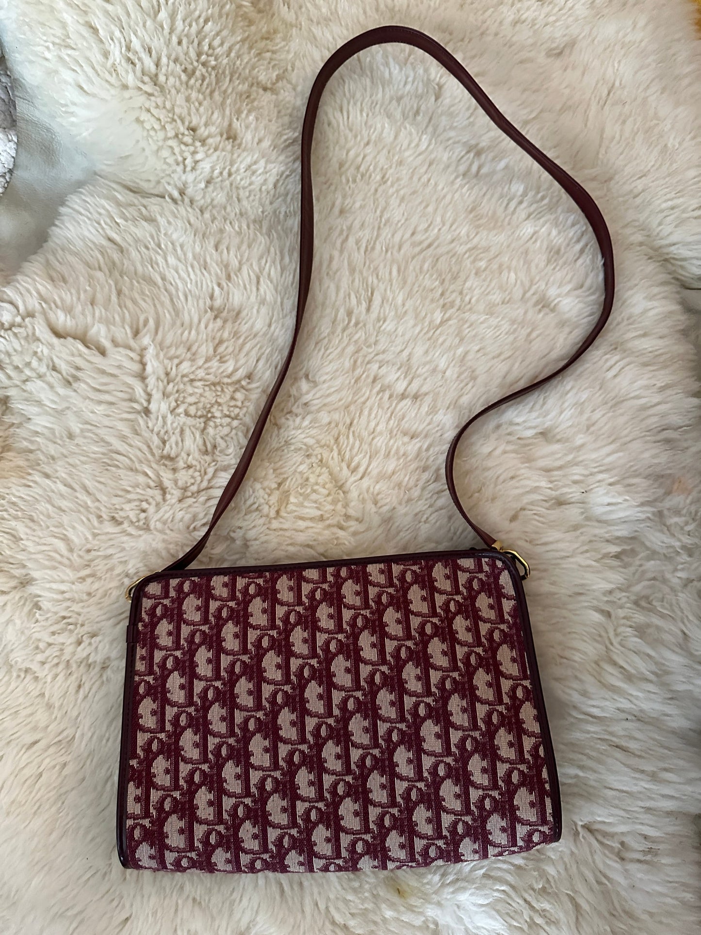 CHRISTIAN DIOR VINTAGE 100% Authentic Genuine Monogram Canvas and Leather Crossbody Bag, Wine Maroon Color, 1990's, Great Condition, Rare