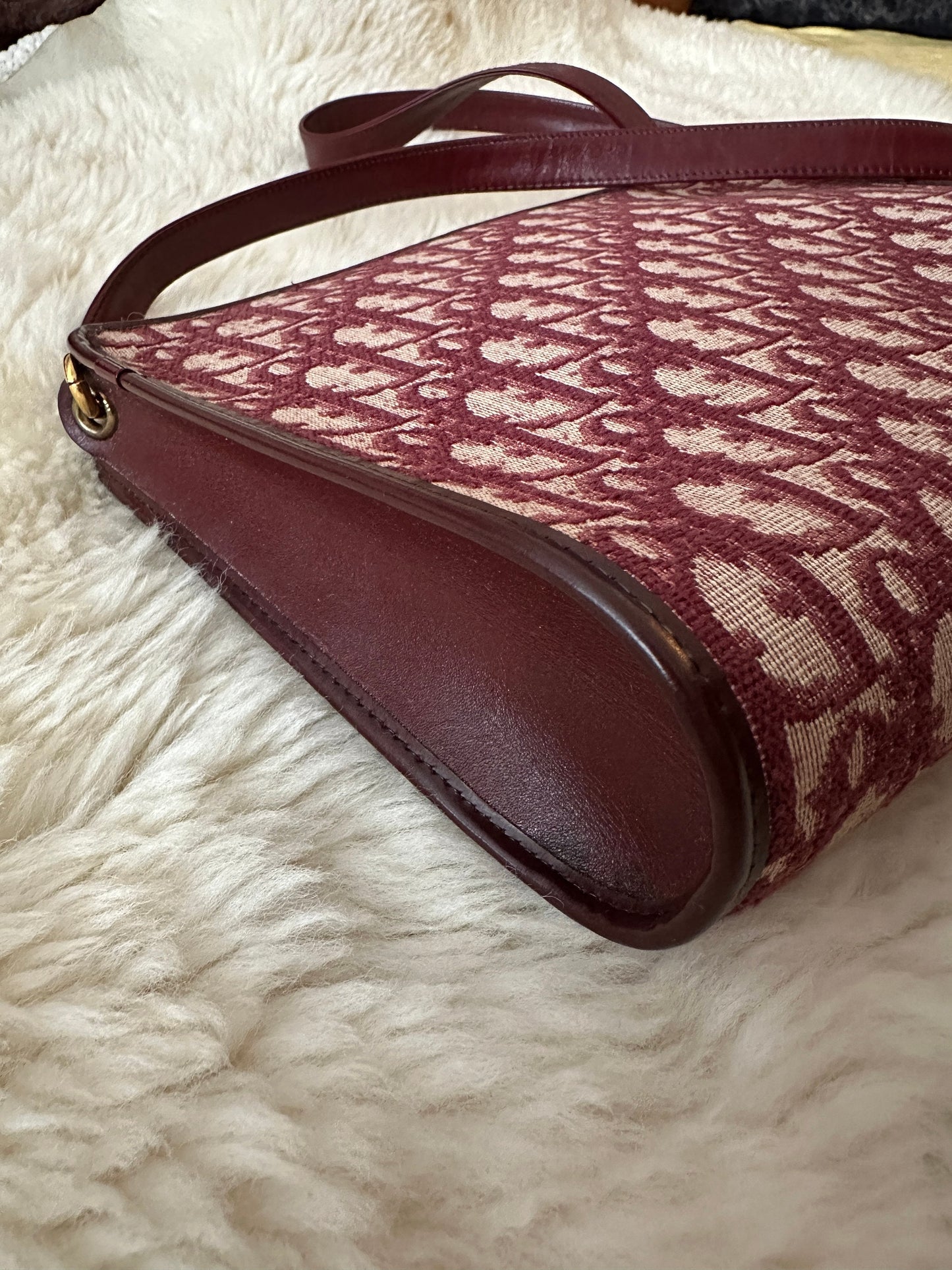 CHRISTIAN DIOR VINTAGE 100% Authentic Genuine Monogram Canvas and Leather Crossbody Bag, Wine Maroon Color, 1990's, Great Condition, Rare