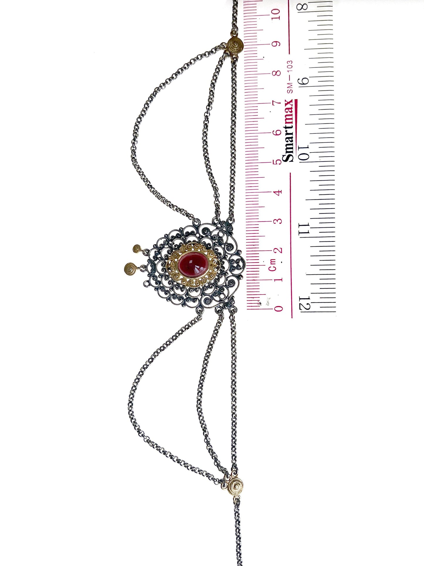 VINTAGE EUROPEAN Bavaria Style Garnet Necklace in Silver and Gold Plated with Large Centre Cabochon Garnet