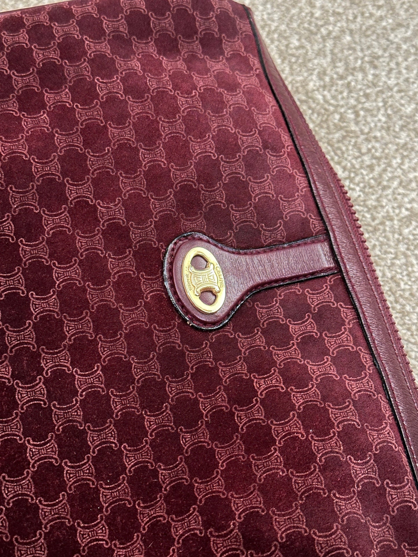 CELINE VINTAGE 100% Authentic Genuine Velvety Canvas (Suede-like) Monogram Cross-body Bag, Dark Red, 1990's, Great Condition