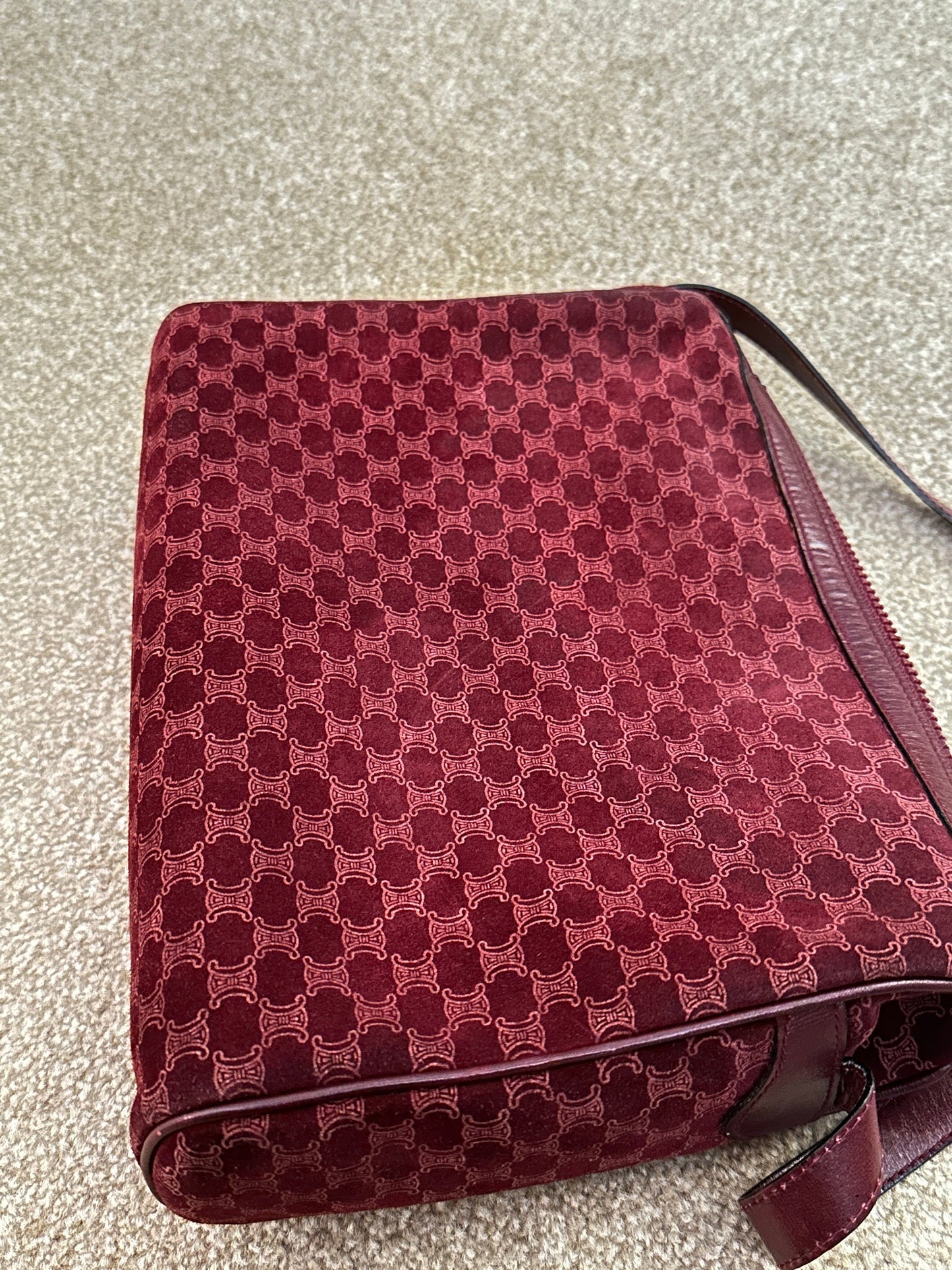 CELINE VINTAGE 100% Authentic Genuine Velvety Canvas (Suede-like) Monogram Cross-body Bag, Dark Red, 1990's, Great Condition