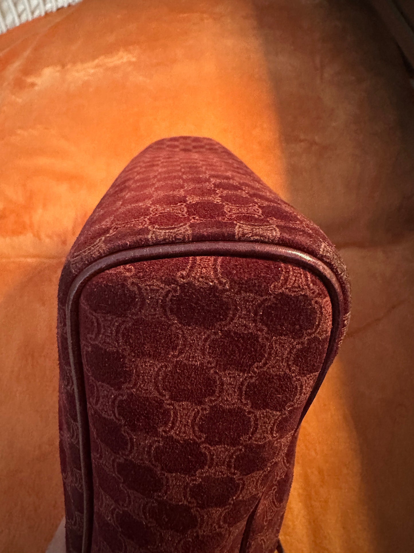 CELINE VINTAGE 100% Authentic Genuine Velvety Canvas (Suede-like) Monogram Cross-body Bag, Dark Red, 1990's, Great Condition