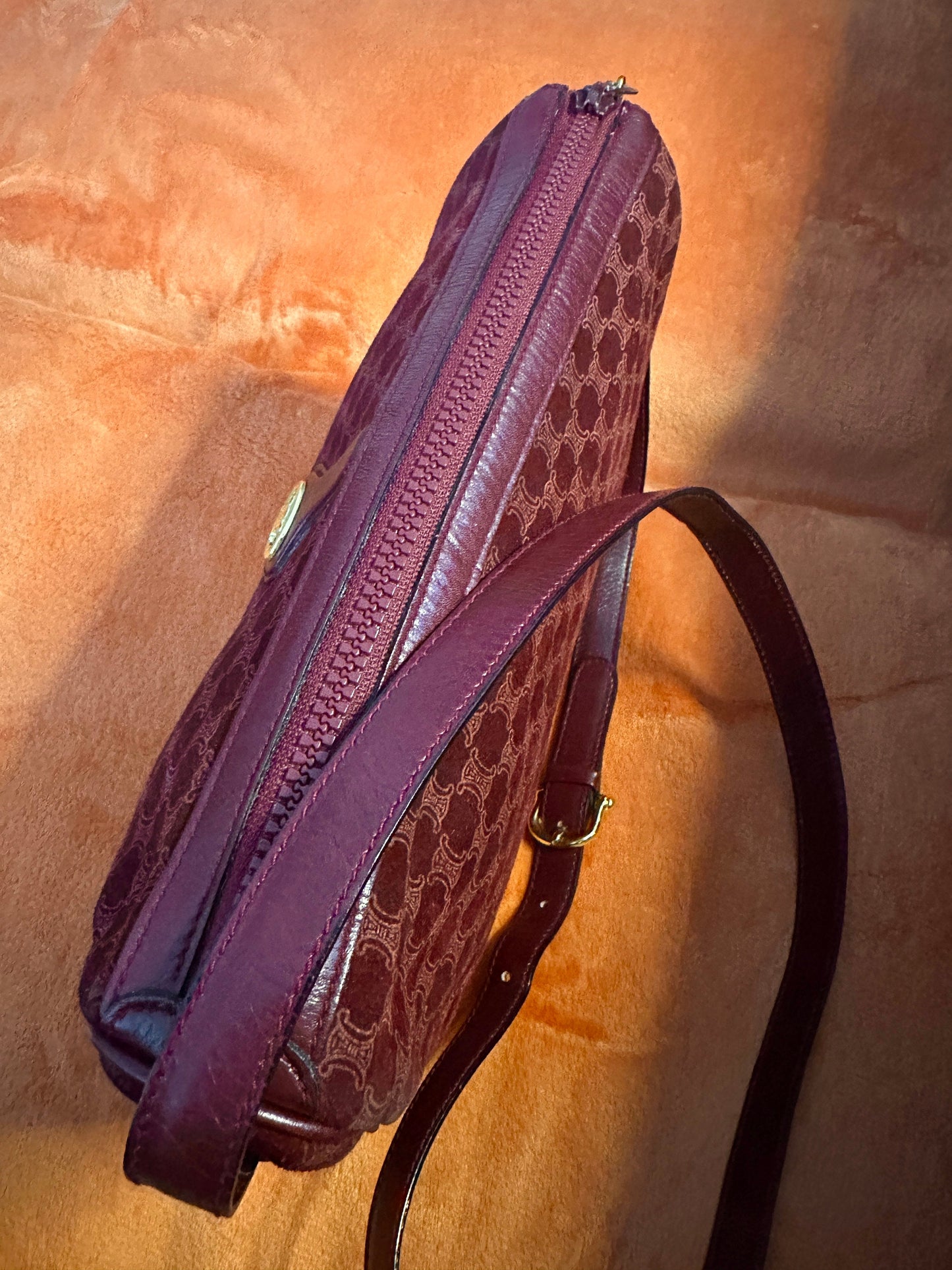 CELINE VINTAGE 100% Authentic Genuine Velvety Canvas (Suede-like) Monogram Cross-body Bag, Dark Red, 1990's, Great Condition