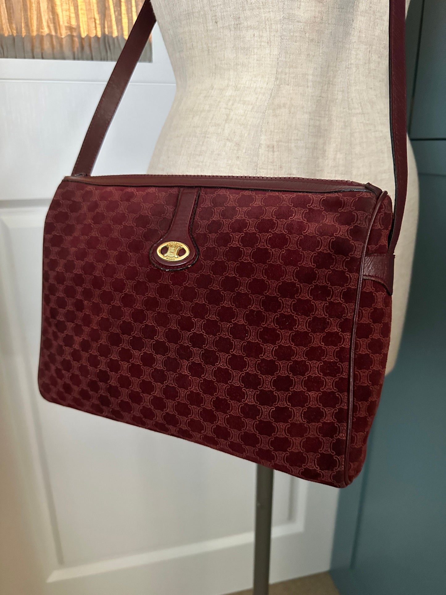 CELINE VINTAGE 100% Authentic Genuine Velvety Canvas (Suede-like) Monogram Cross-body Bag, Dark Red, 1990's, Great Condition