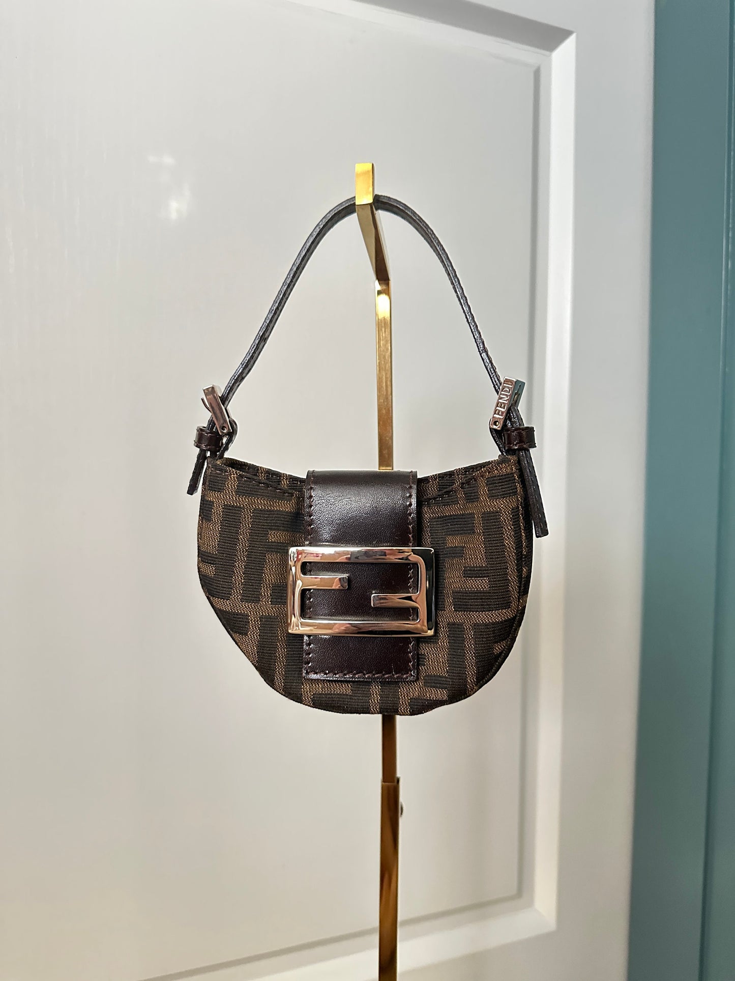 FENDI VINTAGE, 100% Authentic Genuine, Monogram Micro Hand Bag, FF Logo Canvas with Brown Leather Strap, 1990's, Great Condition, Rare
