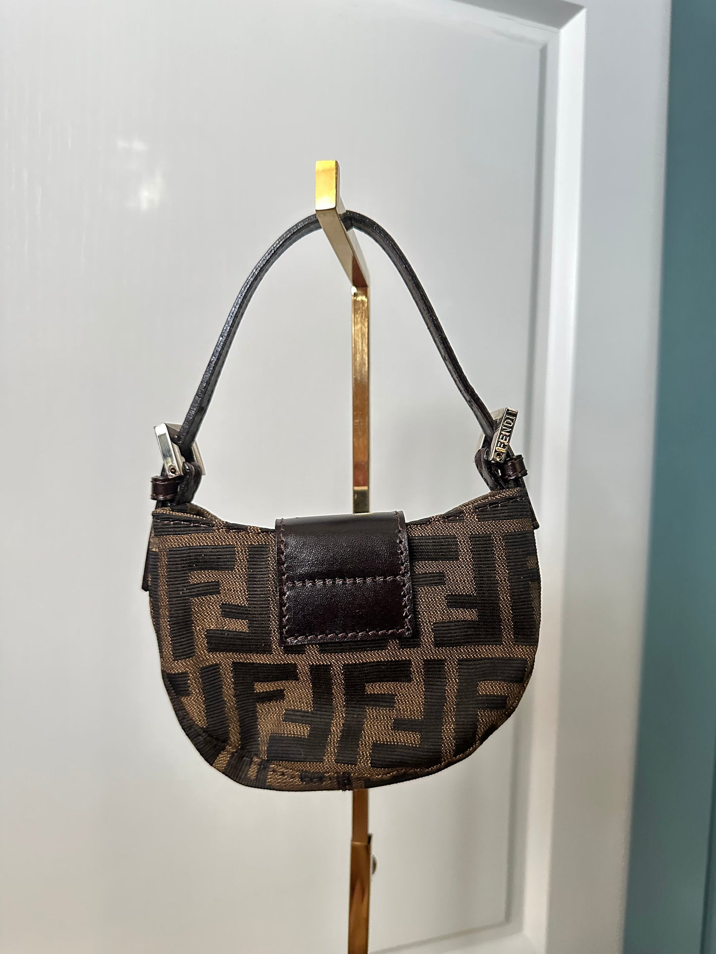 FENDI VINTAGE, 100% Authentic Genuine, Monogram Micro Hand Bag, FF Logo Canvas with Brown Leather Strap, 1990's, Great Condition, Rare
