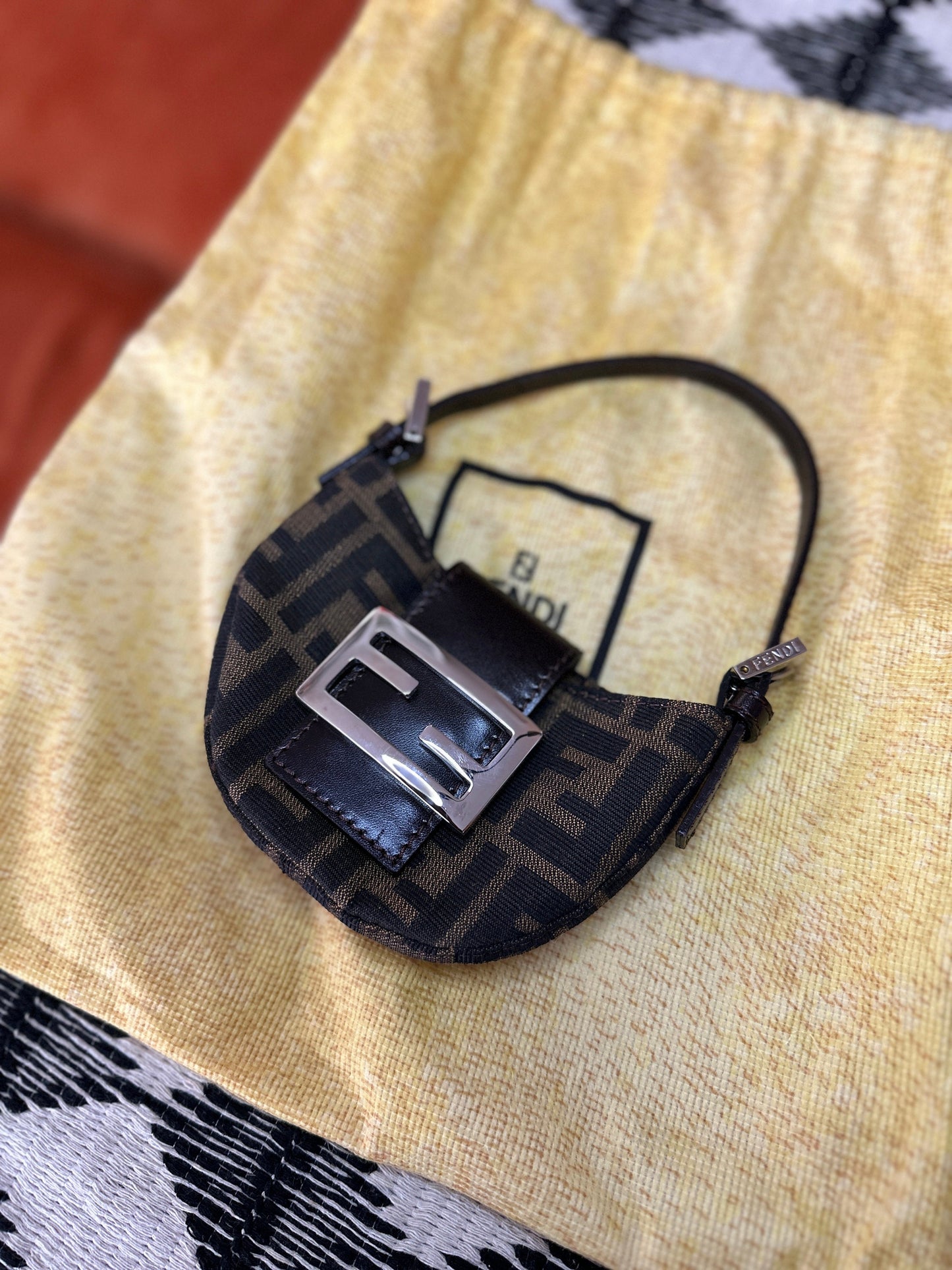 FENDI VINTAGE, 100% Authentic Genuine, Monogram Micro Hand Bag, FF Logo Canvas with Brown Leather Strap, 1990's, Great Condition, Rare