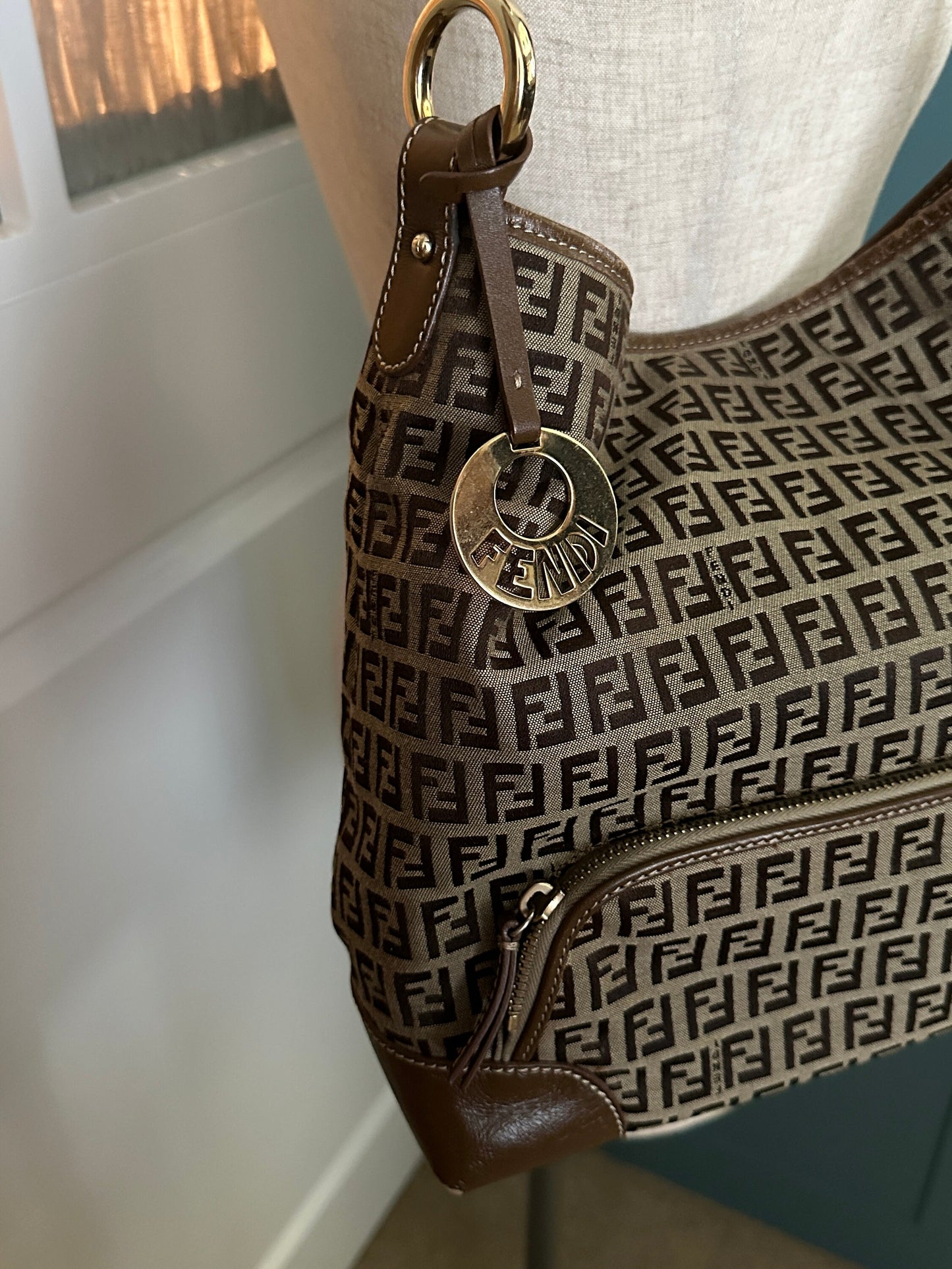 FENDI VINTAGE, 100% Authentic Genuine, Monogram Shoulder Bag, FF Logo Canvas with Brown Leather Strap, 1990's, Great Condition, Rare