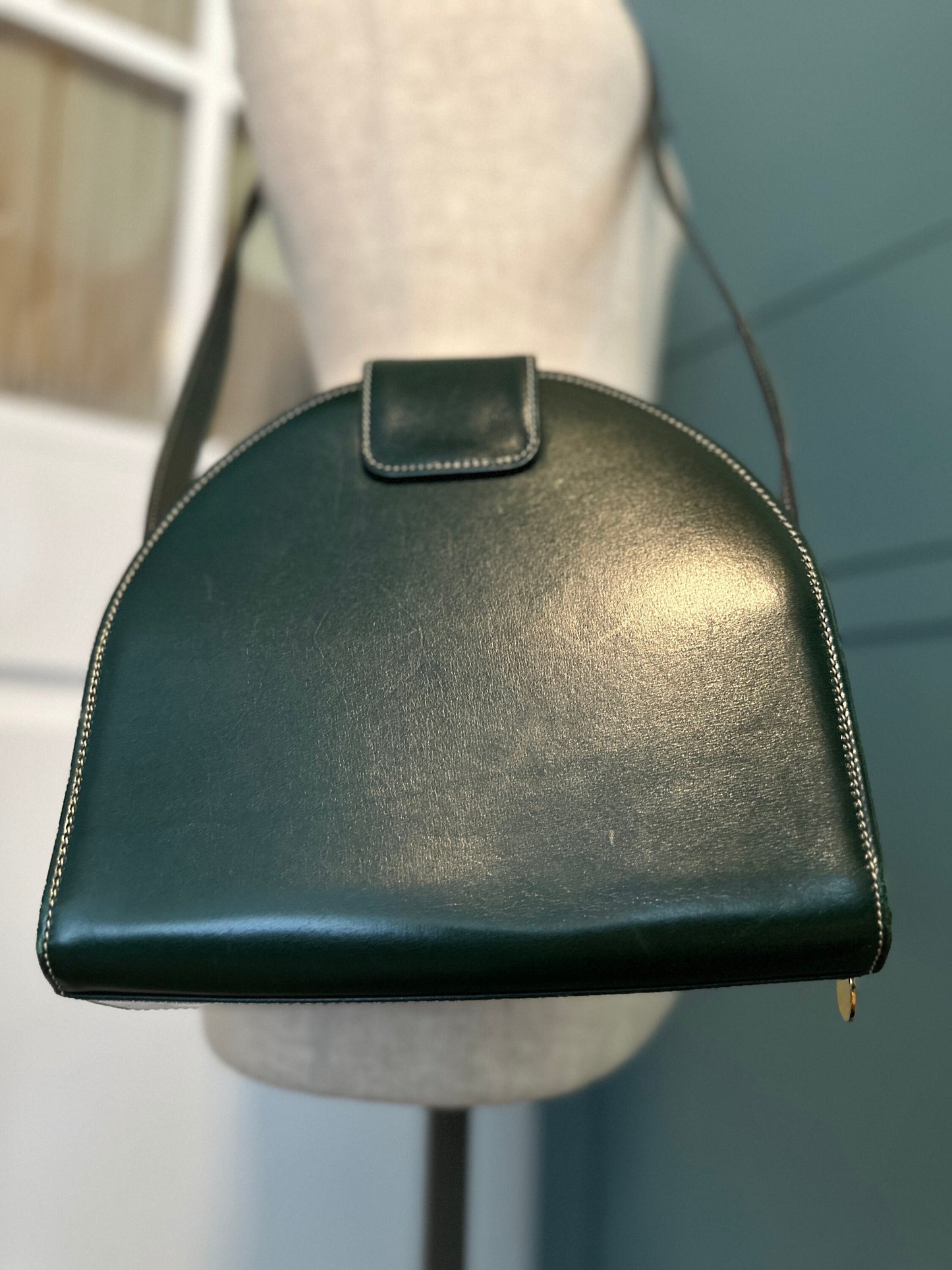 DIOR VINTAGE 100% Authentic Genuine Leather Cross-body Bag, Dark Moss Green, 1980's, Good Condition