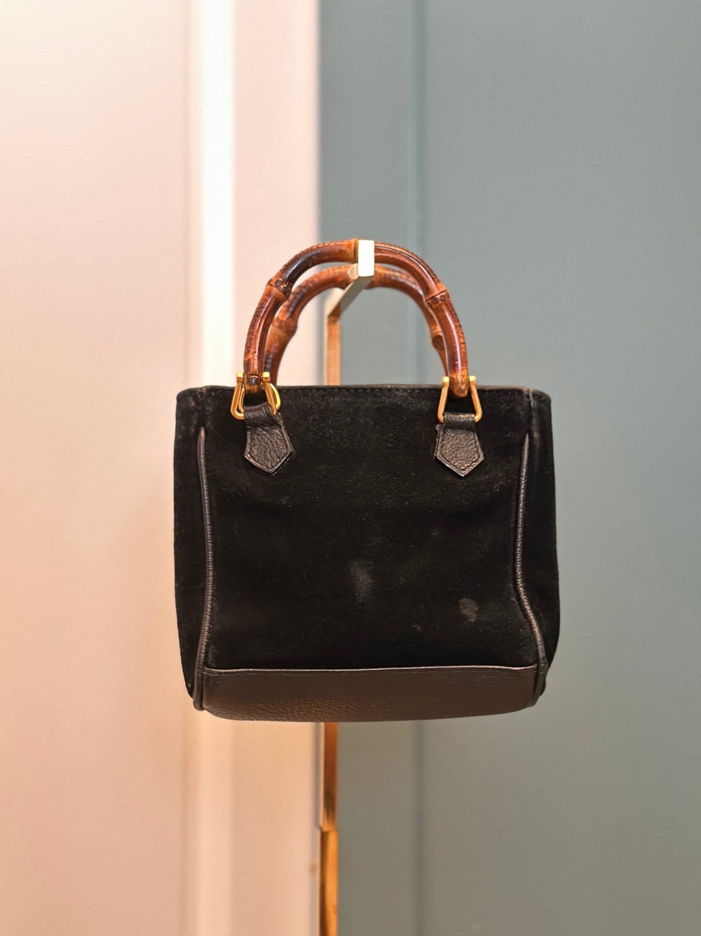 GUCCI VINTAGE 100% Authentic Genuine Small Suede Iconic Bamboo Handle Two-way Shoulder Bag, Black, 1990's, Good Condition, Rare