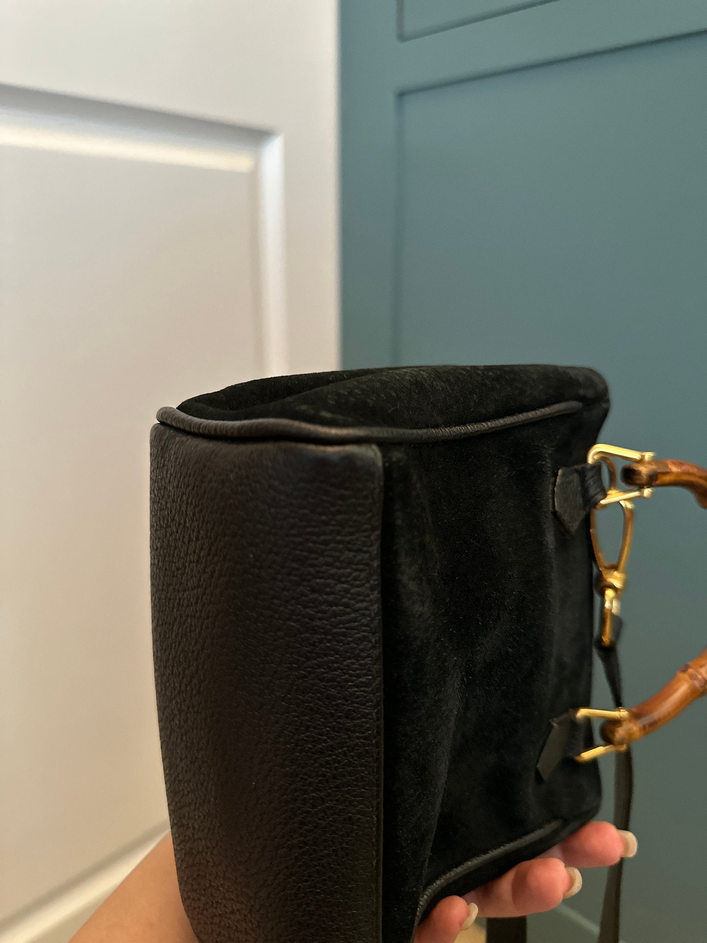 GUCCI VINTAGE 100% Authentic Genuine Small Suede Iconic Bamboo Handle Two-way Shoulder Bag, Black, 1990's, Good Condition, Rare