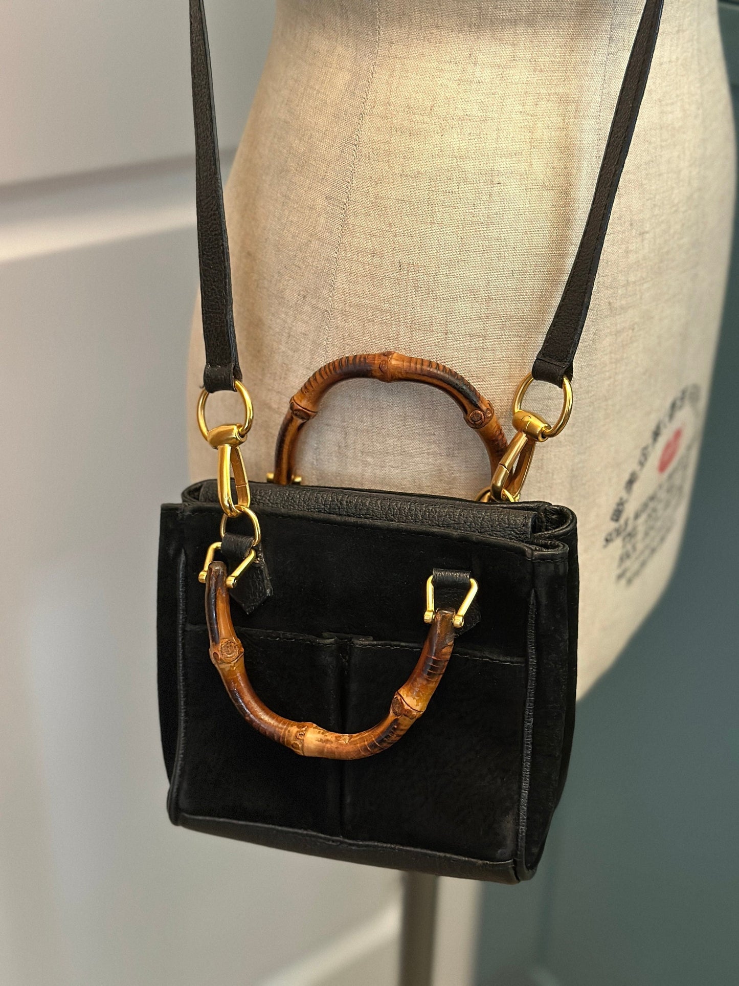 GUCCI VINTAGE 100% Authentic Genuine Small Suede Iconic Bamboo Handle Two-way Shoulder Bag, Black, 1990's, Good Condition, Rare