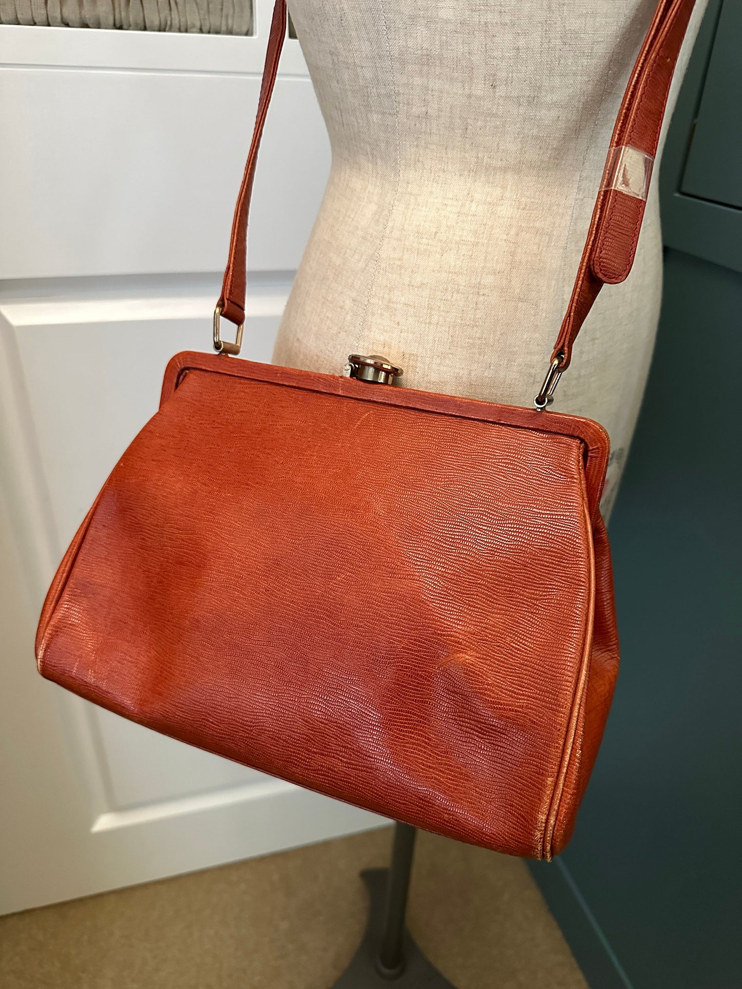 VERSACE VINTAGE, 100% Authentic Genuine Leather Cross-body Doctor Bag, Orange Brown, 1980's, Good Condition