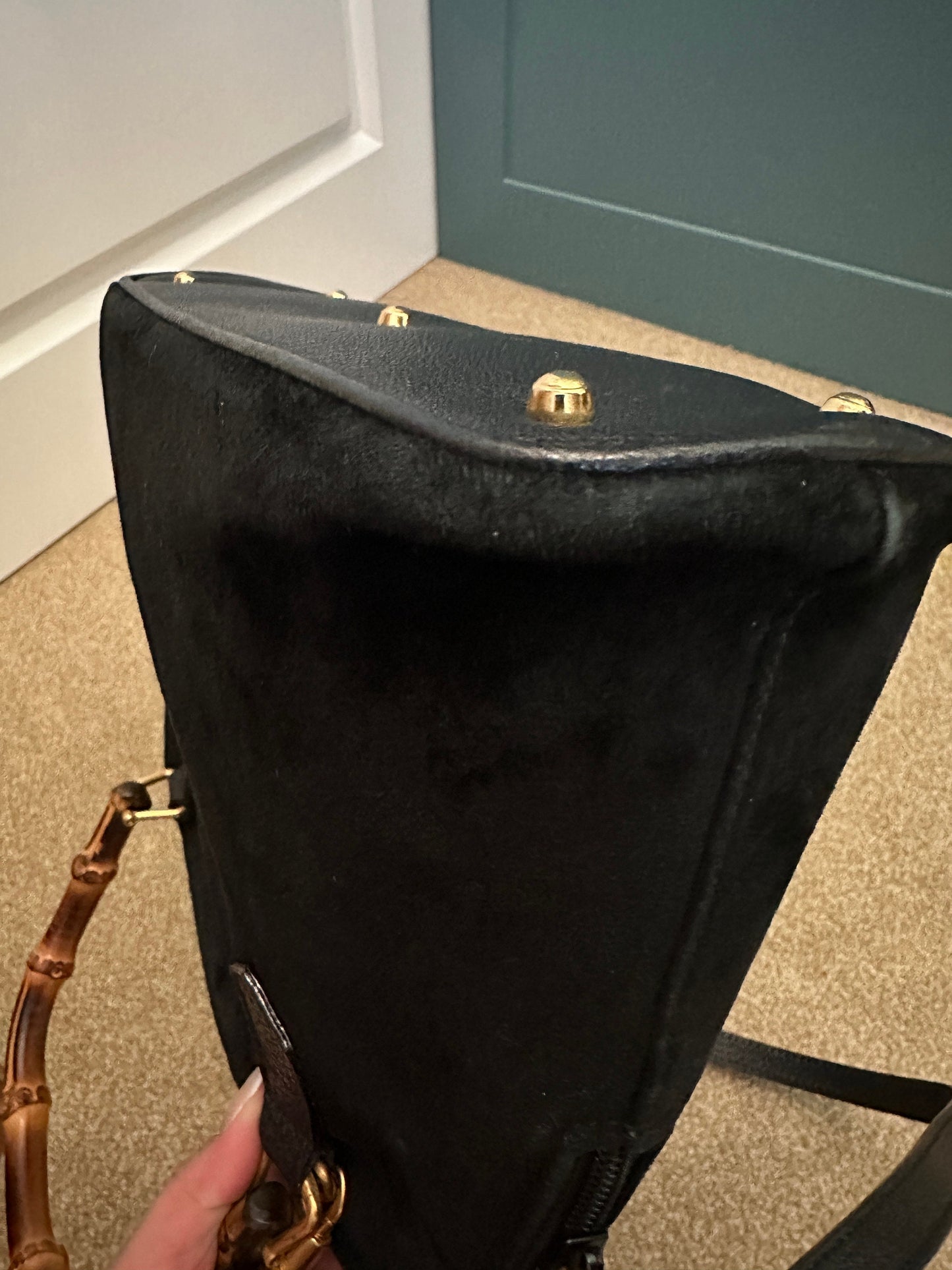 GUCCI VINTAGE 100% Authentic Genuine Large Suede Iconic Bamboo Handle Two-way Shoulder Bag, Black, 1990's, Great Condition, Rare